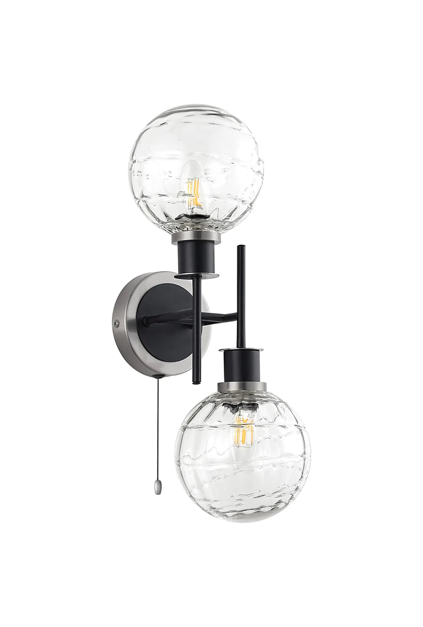 Sycamore Switched Wall Light 2 Light with 15cm Round Textured Melting Glass Shade - Satin Nickel, Clear & Satin Black