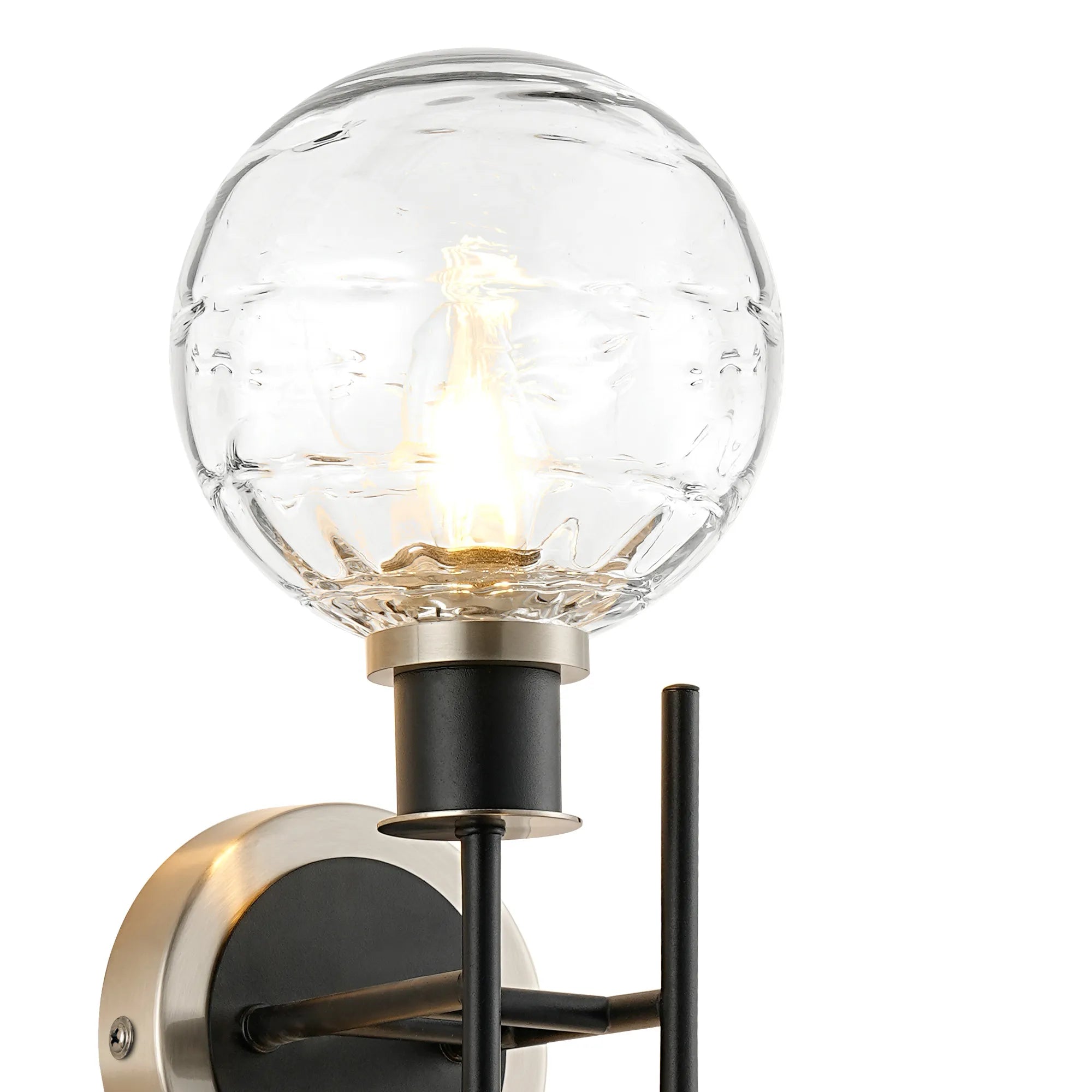 Sycamore Switched Wall Light 2 Light with 15cm Round Textured Melting Glass Shade - Satin Nickel, Clear & Satin Black