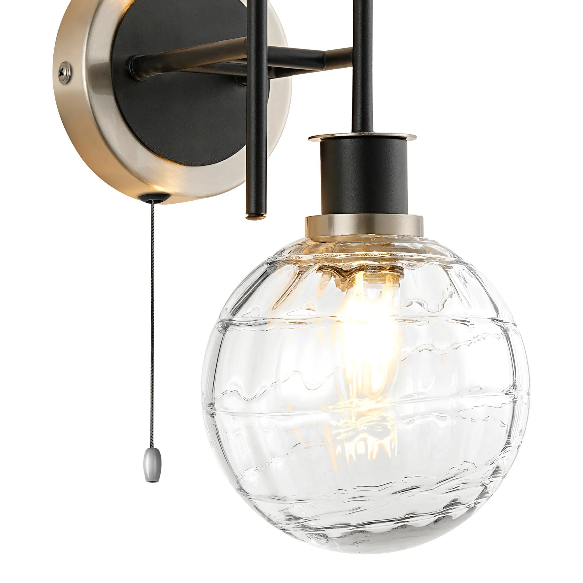Sycamore Switched Wall Light 2 Light with 15cm Round Textured Melting Glass Shade - Satin Nickel, Clear & Satin Black
