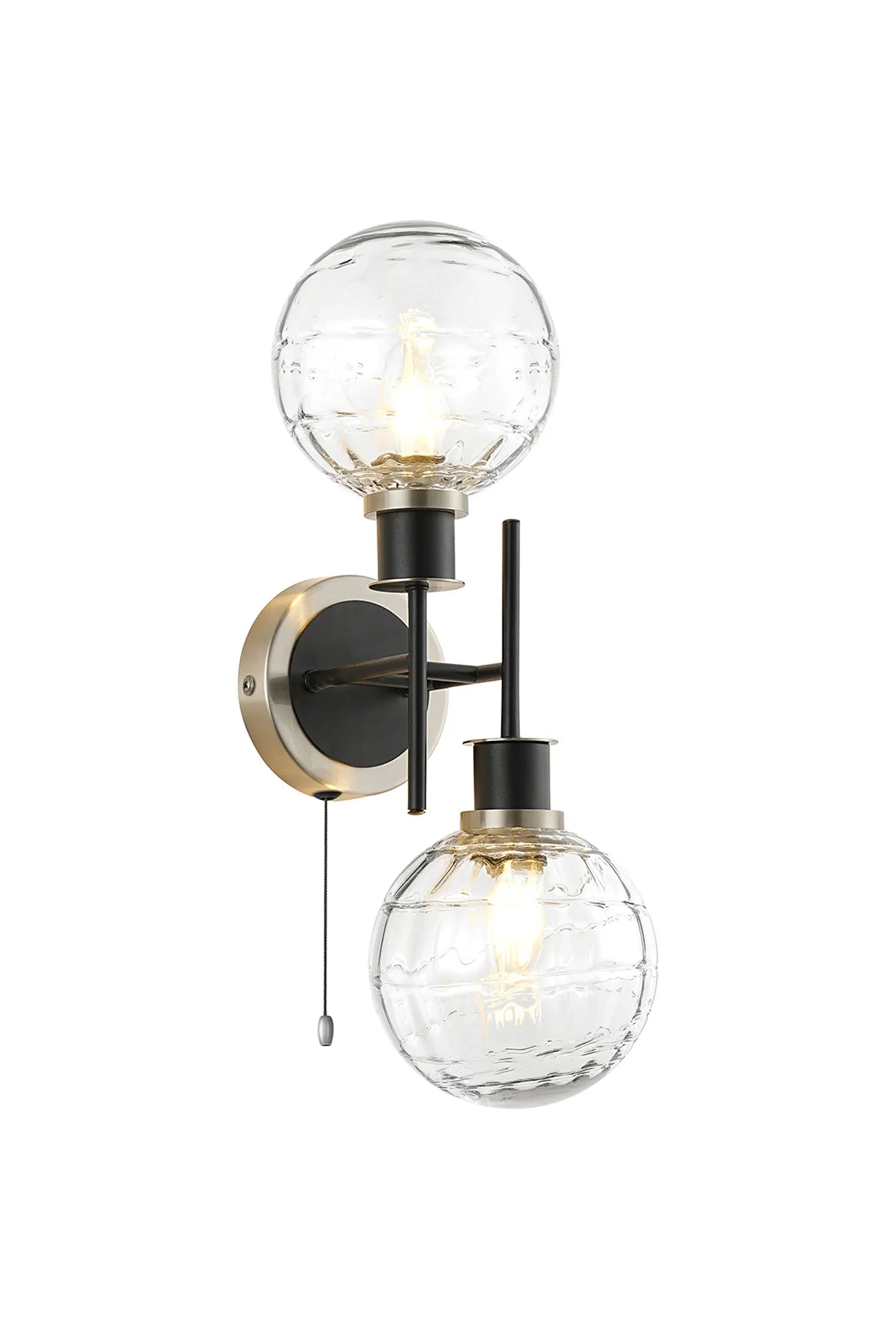 Sycamore Switched Wall Light 2 Light with 15cm Round Textured Melting Glass Shade - Satin Nickel, Clear & Satin Black