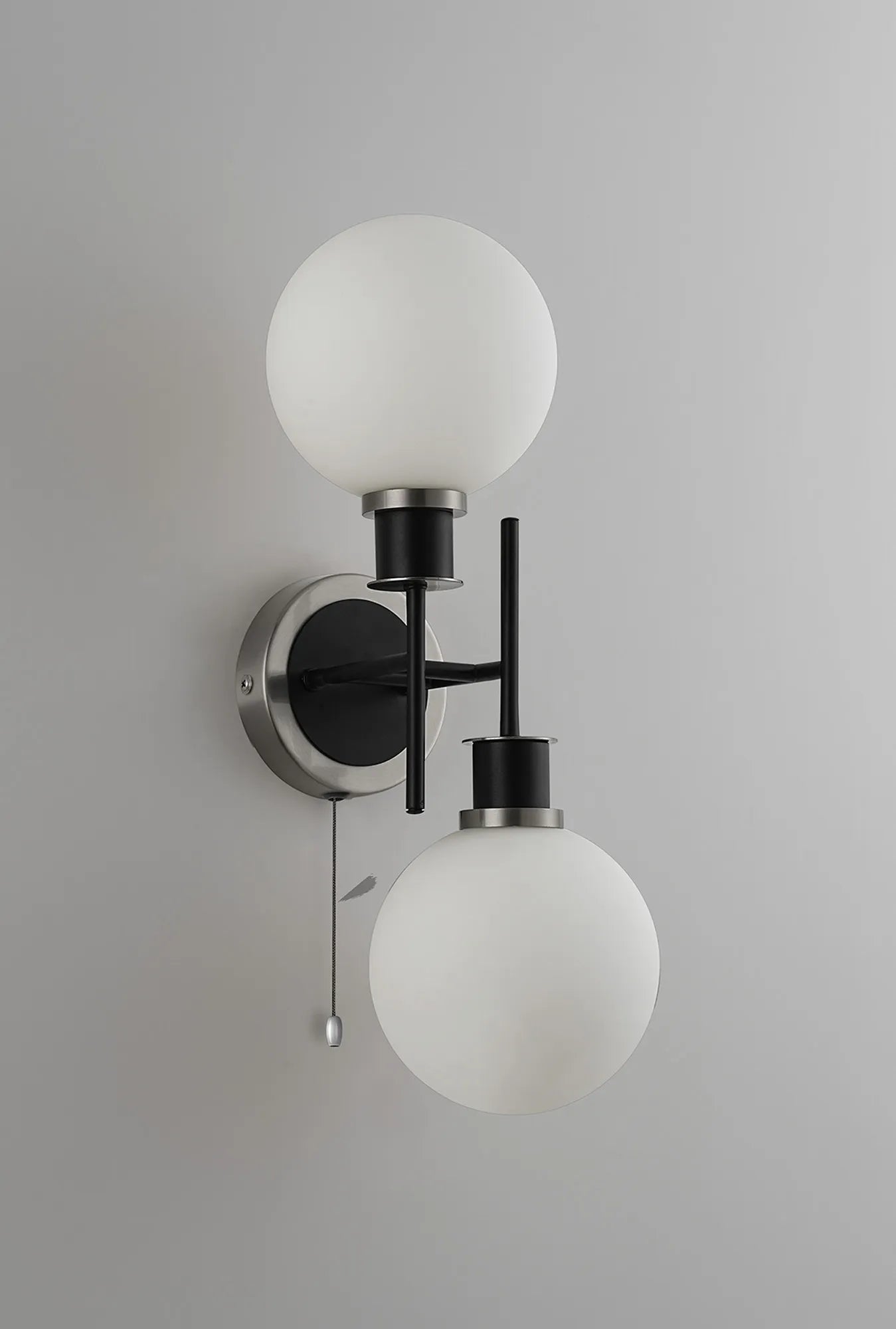 Sycamore Switched Wall Light 2 Light with 15cm Round Glass Shade - Satin Nickel, Opal & Satin Black