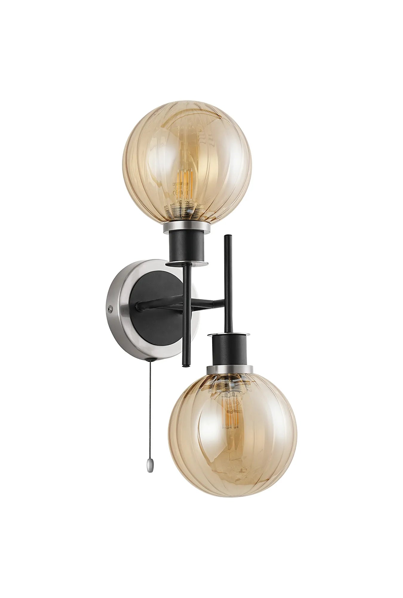 Sycamore Switched Wall Light 2 Light with 15cm Round Segment Glass Shade - Satin Nickel, Amber Plated & Satin Black