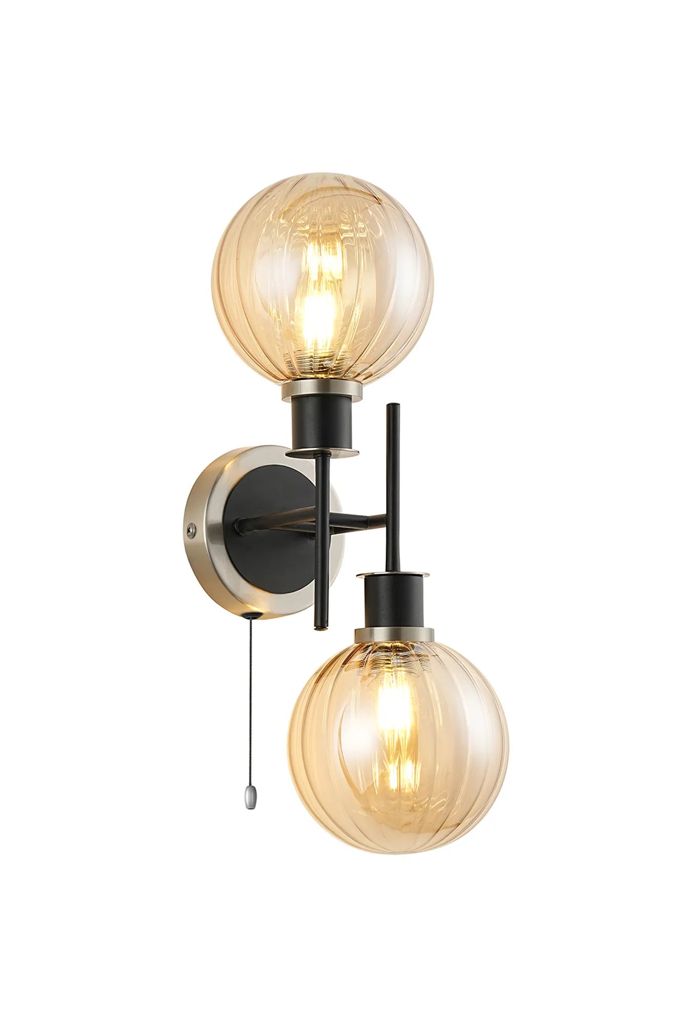 Sycamore Switched Wall Light 2 Light with 15cm Round Segment Glass Shade - Satin Nickel, Amber Plated & Satin Black
