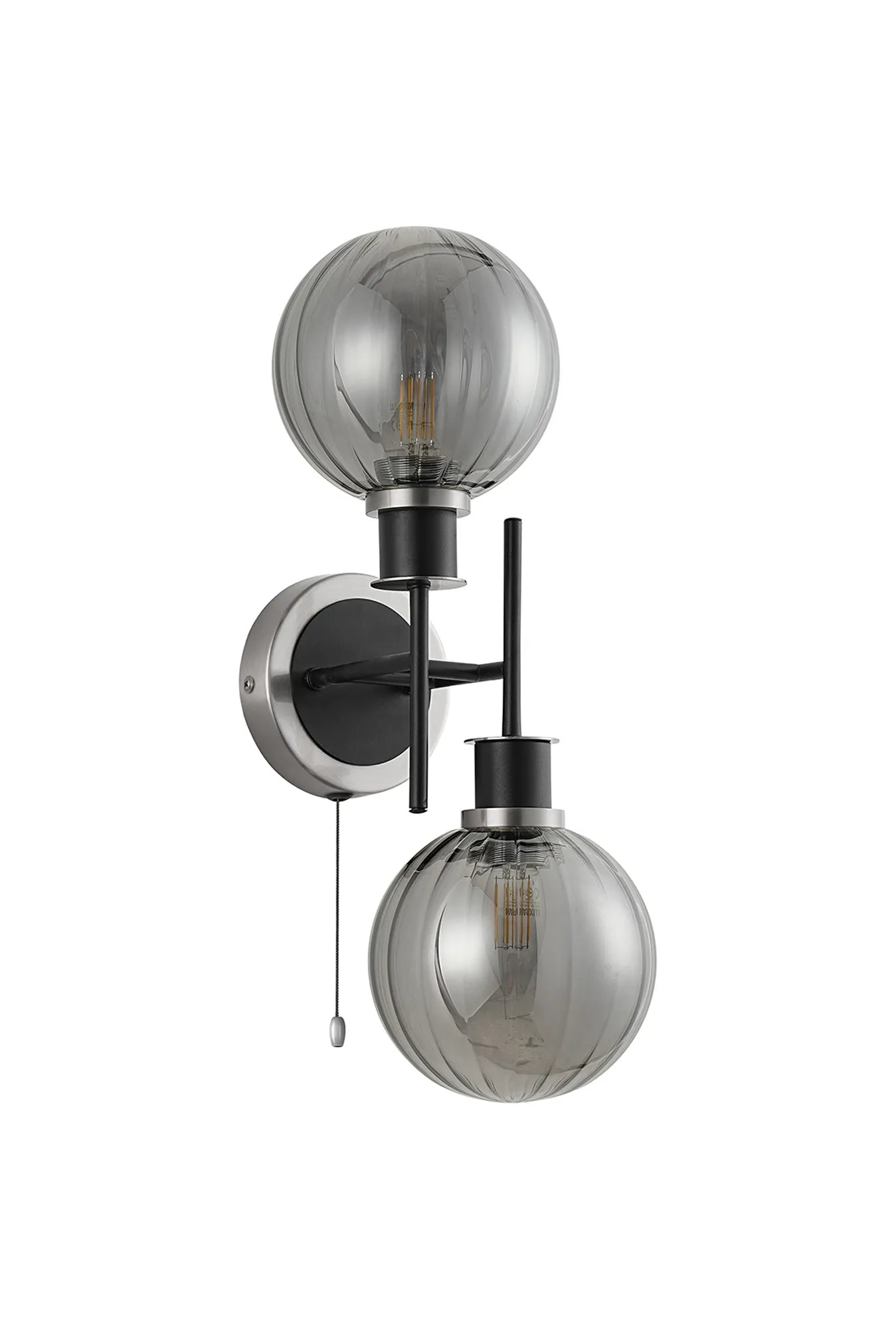 Sycamore Switched Wall Light 2 Light with 15cm Round Segment Glass Shade - Satin Nickel, Smoke Plated & Satin Black