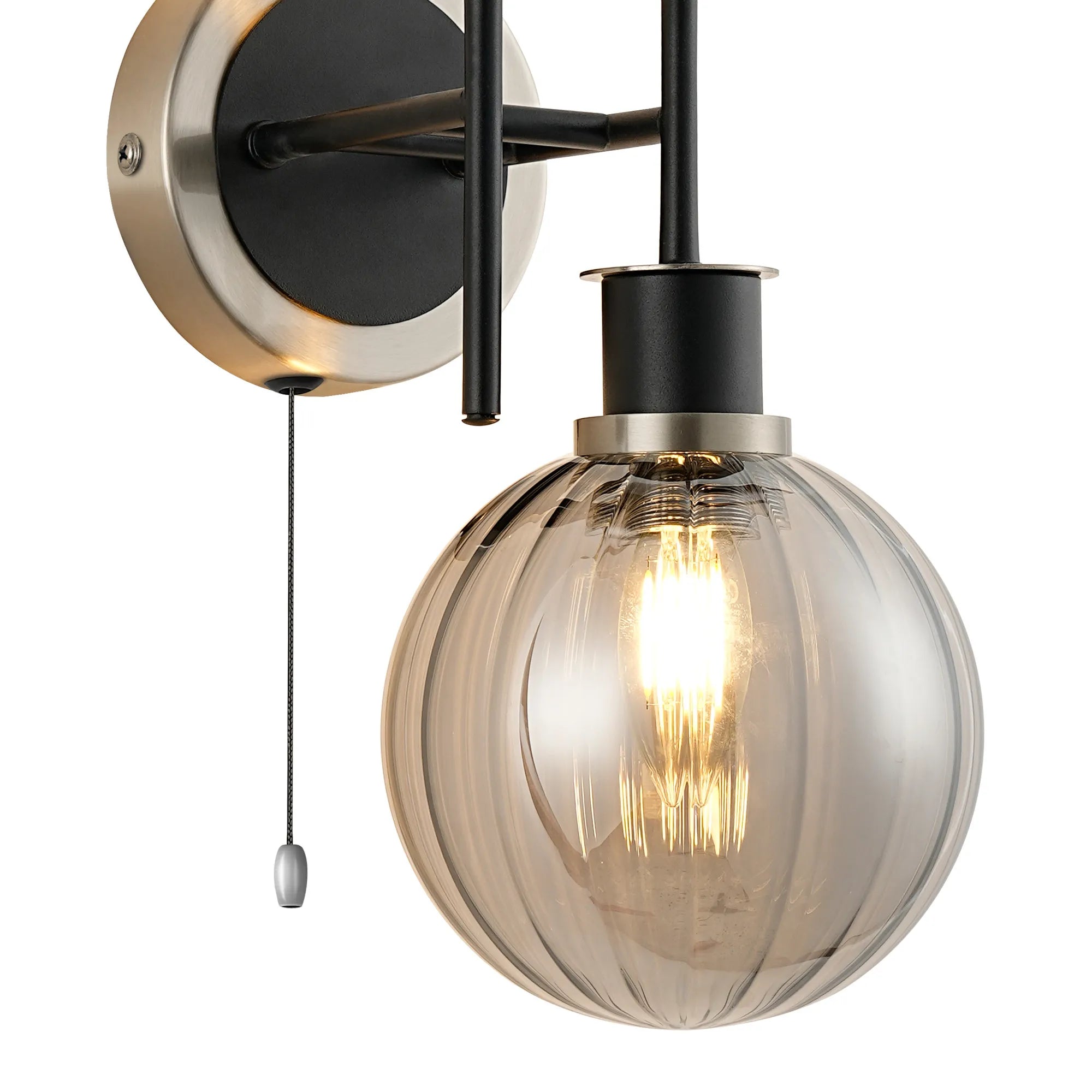 Sycamore Switched Wall Light 2 Light with 15cm Round Segment Glass Shade - Satin Nickel, Smoke Plated & Satin Black