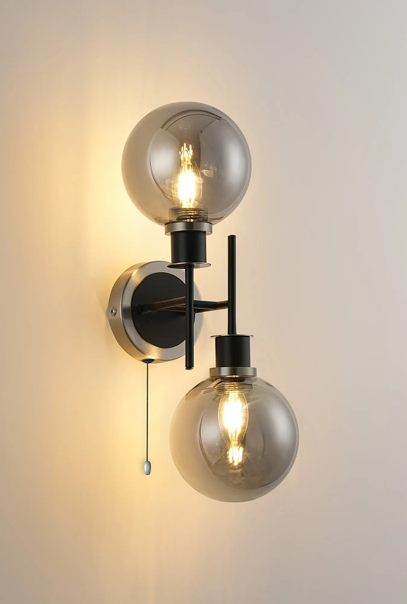 Sycamore Switched Wall Light 2 Light with 15cm Round Glass Shade - Satin Nickel, Smoke Plated & Satin Black