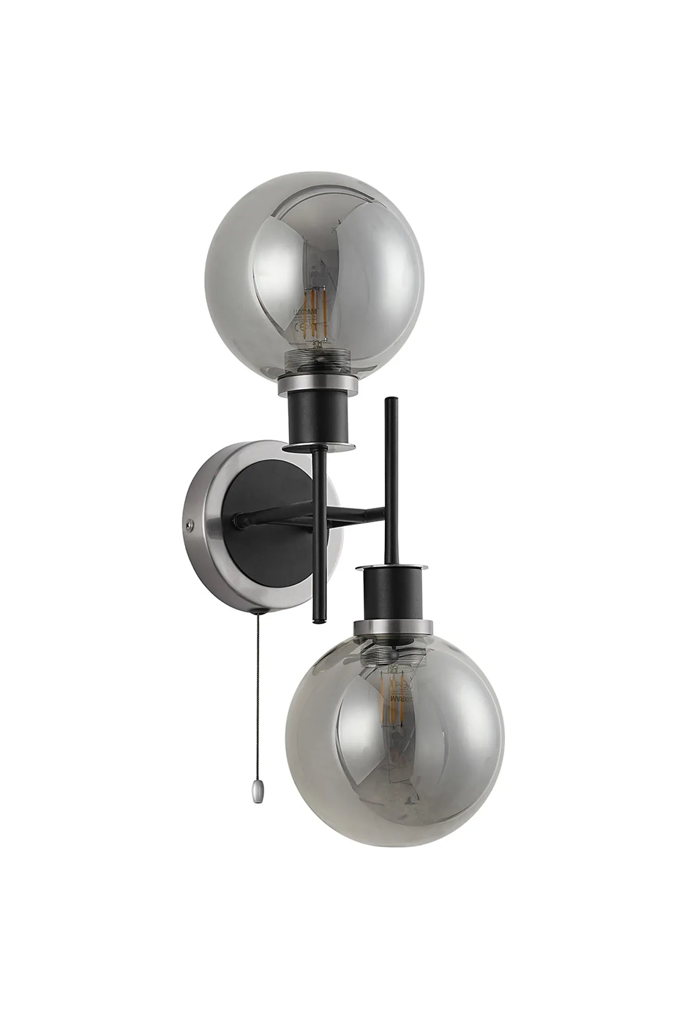 Sycamore Switched Wall Light 2 Light with 15cm Round Glass Shade - Satin Nickel, Smoke Plated & Satin Black