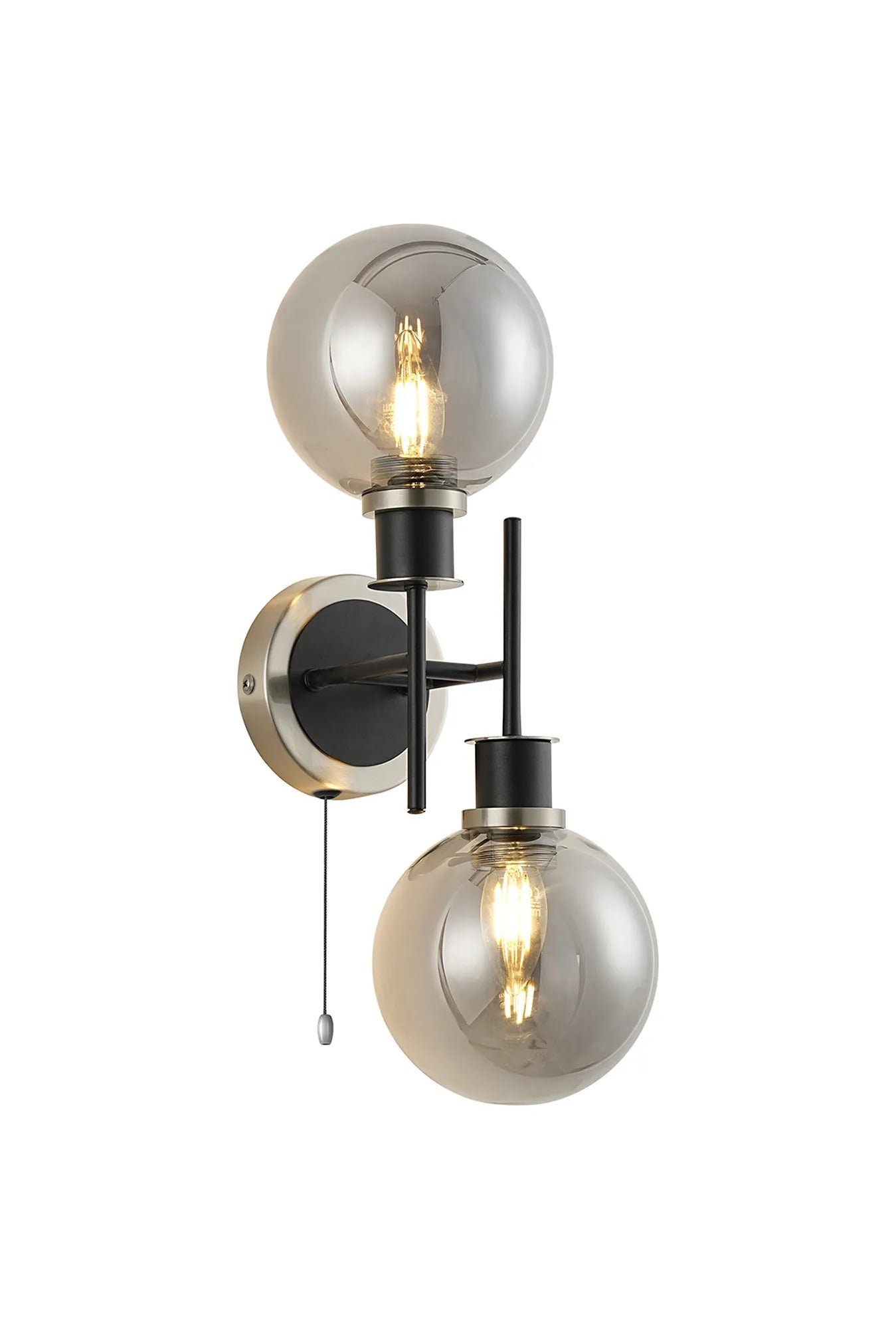 Sycamore Switched Wall Light 2 Light with 15cm Round Glass Shade - Satin Nickel, Smoke Plated & Satin Black