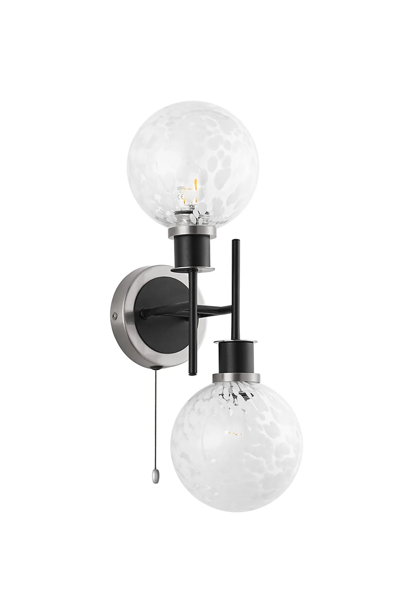 Sycamore Switched Wall Light 2 Light with 15cm Round Speckled Glass Shade - Satin Nickel, White & Satin Black