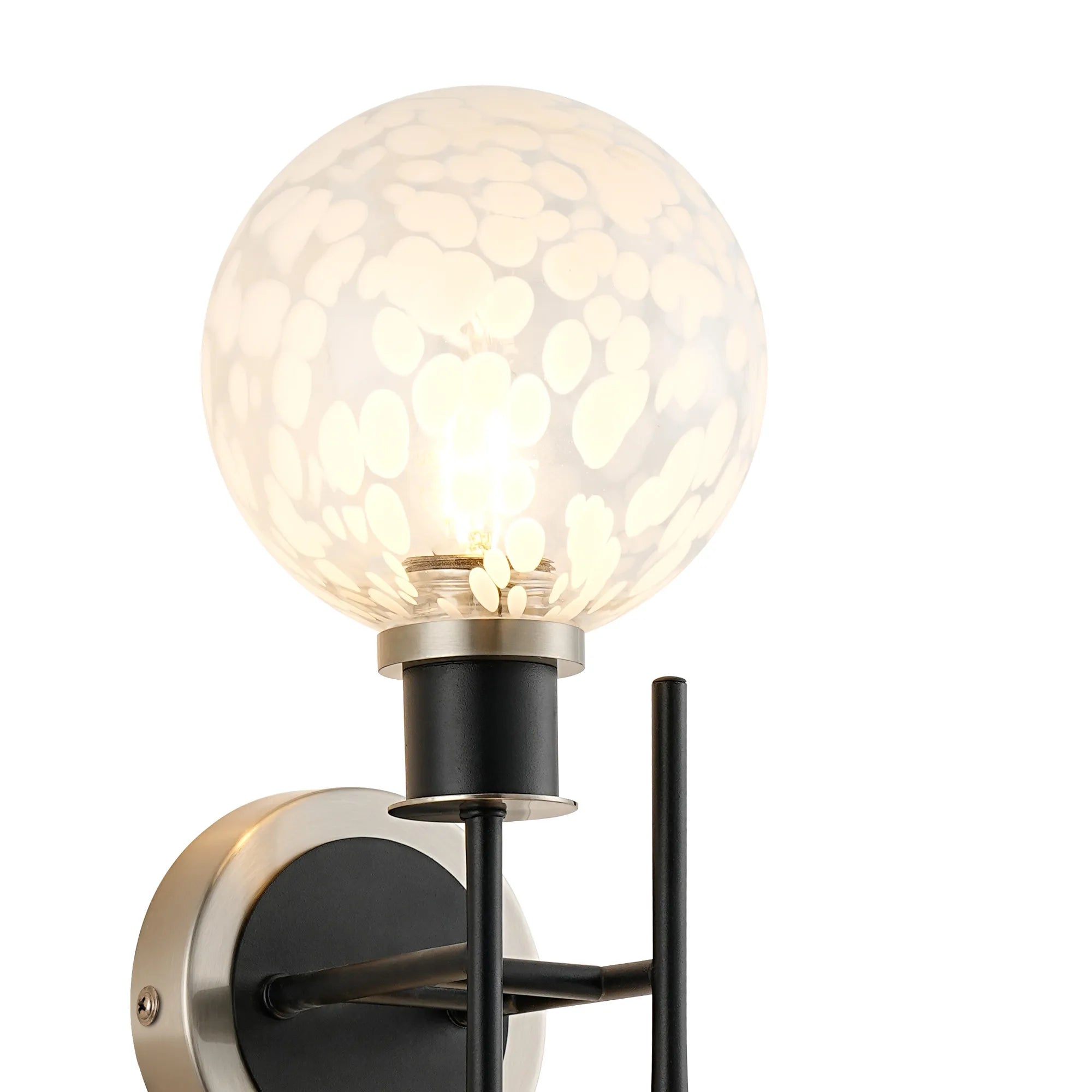 Sycamore Switched Wall Light 2 Light with 15cm Round Speckled Glass Shade - Satin Nickel, White & Satin Black
