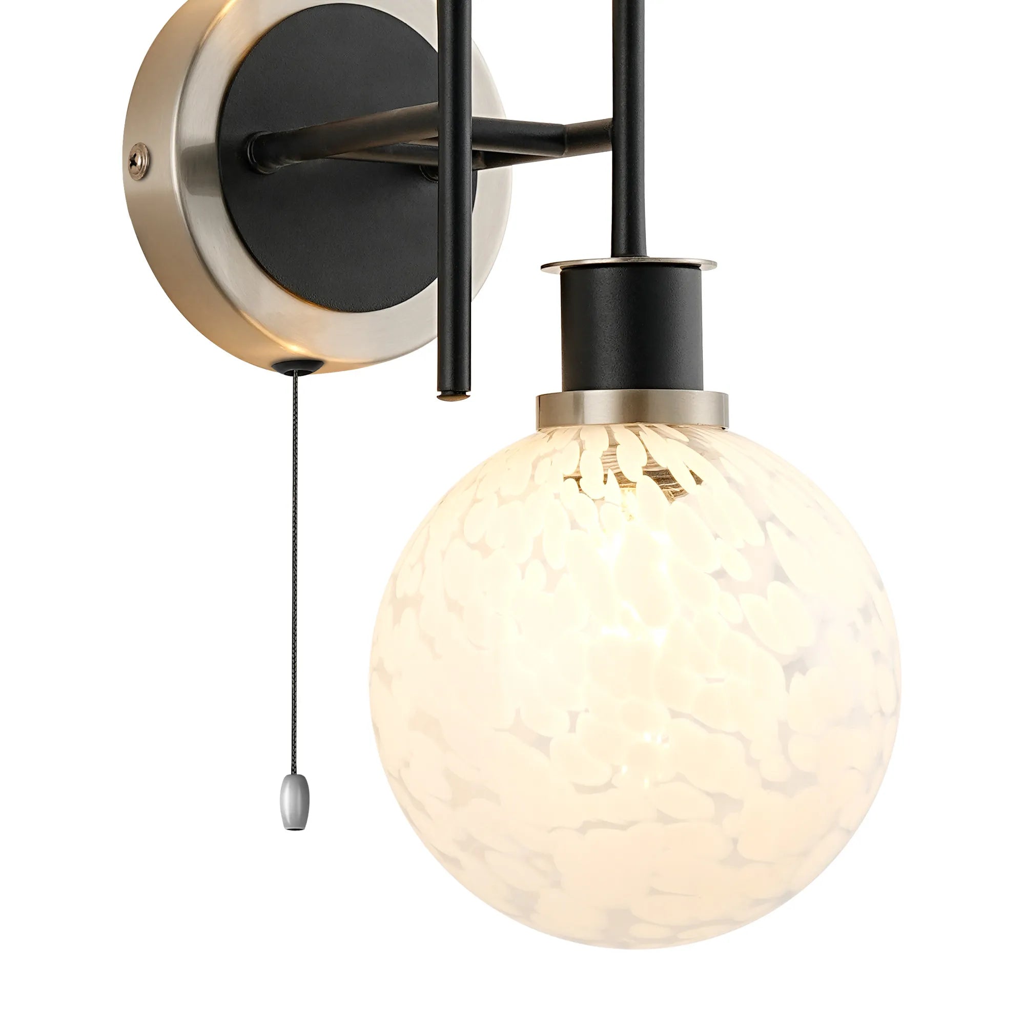 Sycamore Switched Wall Light 2 Light with 15cm Round Speckled Glass Shade - Satin Nickel, White & Satin Black