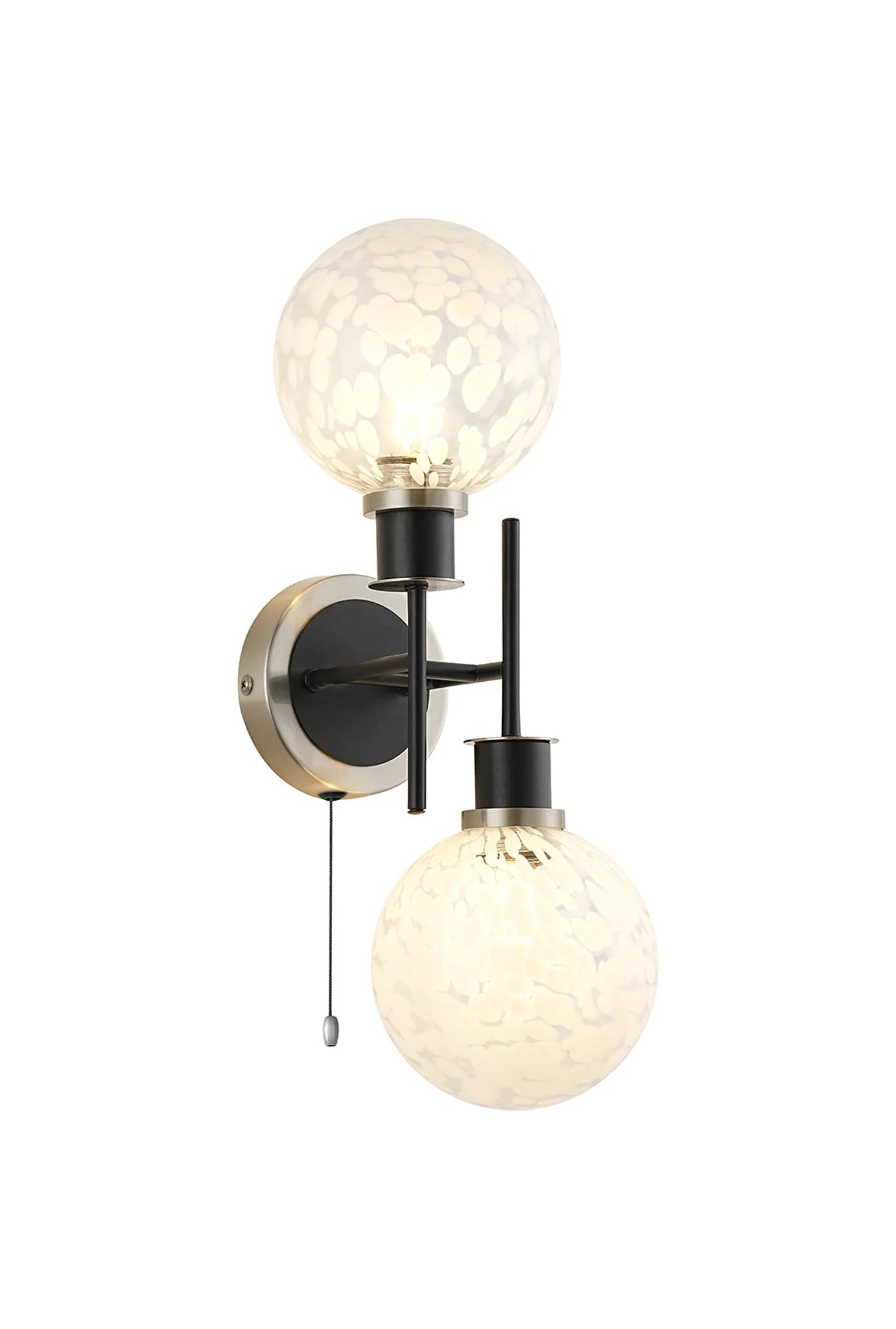Sycamore Switched Wall Light 2 Light with 15cm Round Speckled Glass Shade - Satin Nickel, White & Satin Black