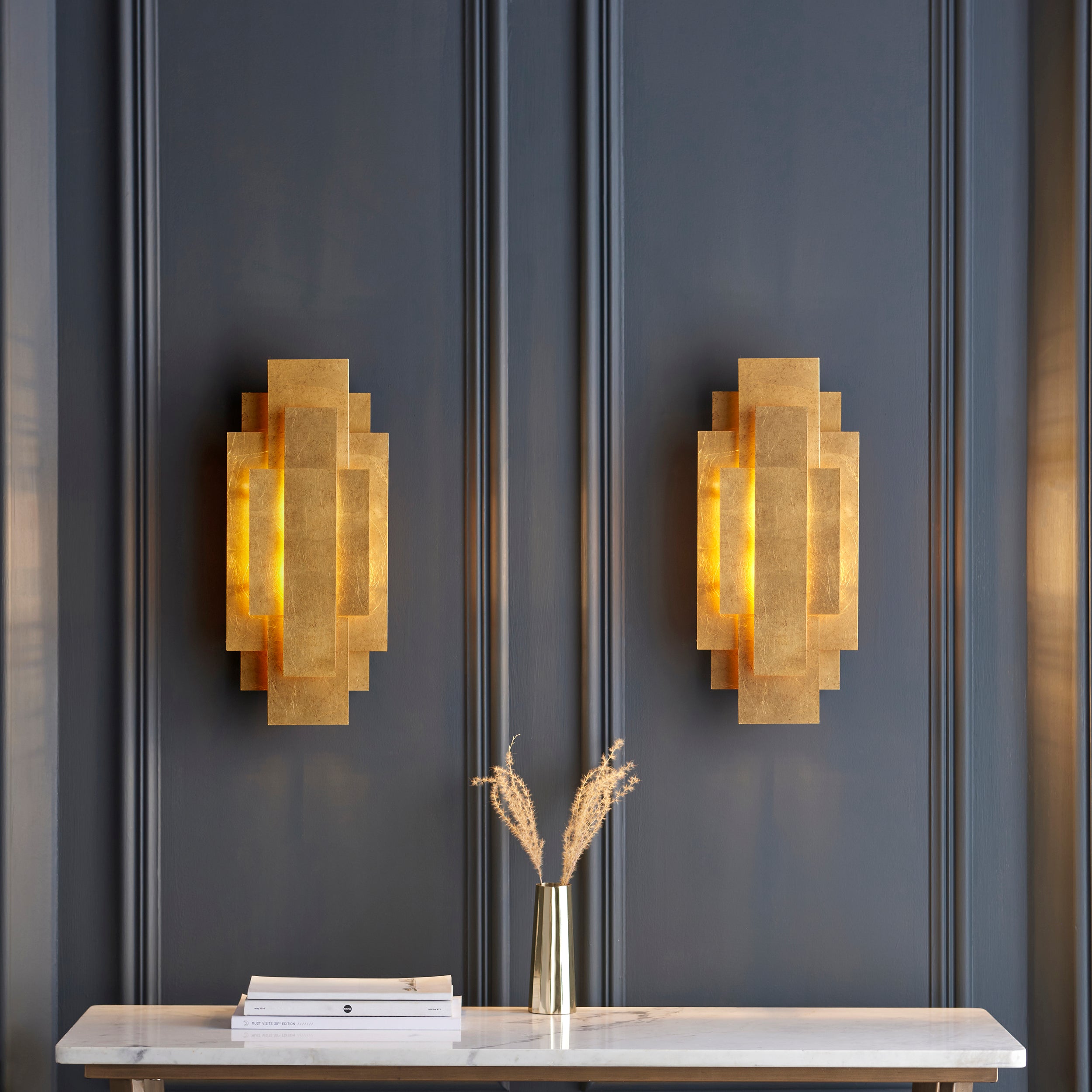 Utopia Overlay 2 Light Wall Light Twin Pack - Antique Gold Leaf