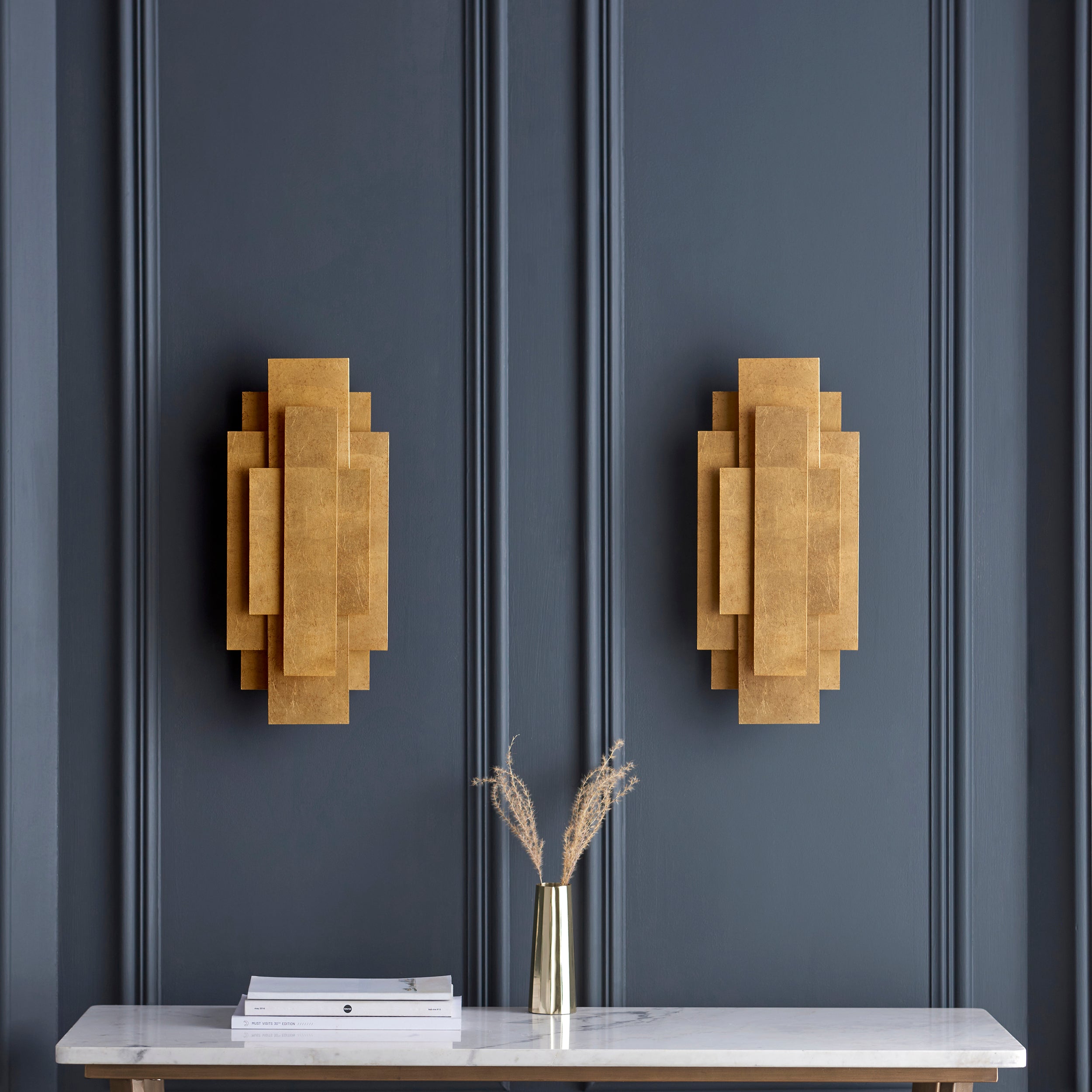 Utopia Overlay 2 Light Wall Light Twin Pack - Antique Gold Leaf