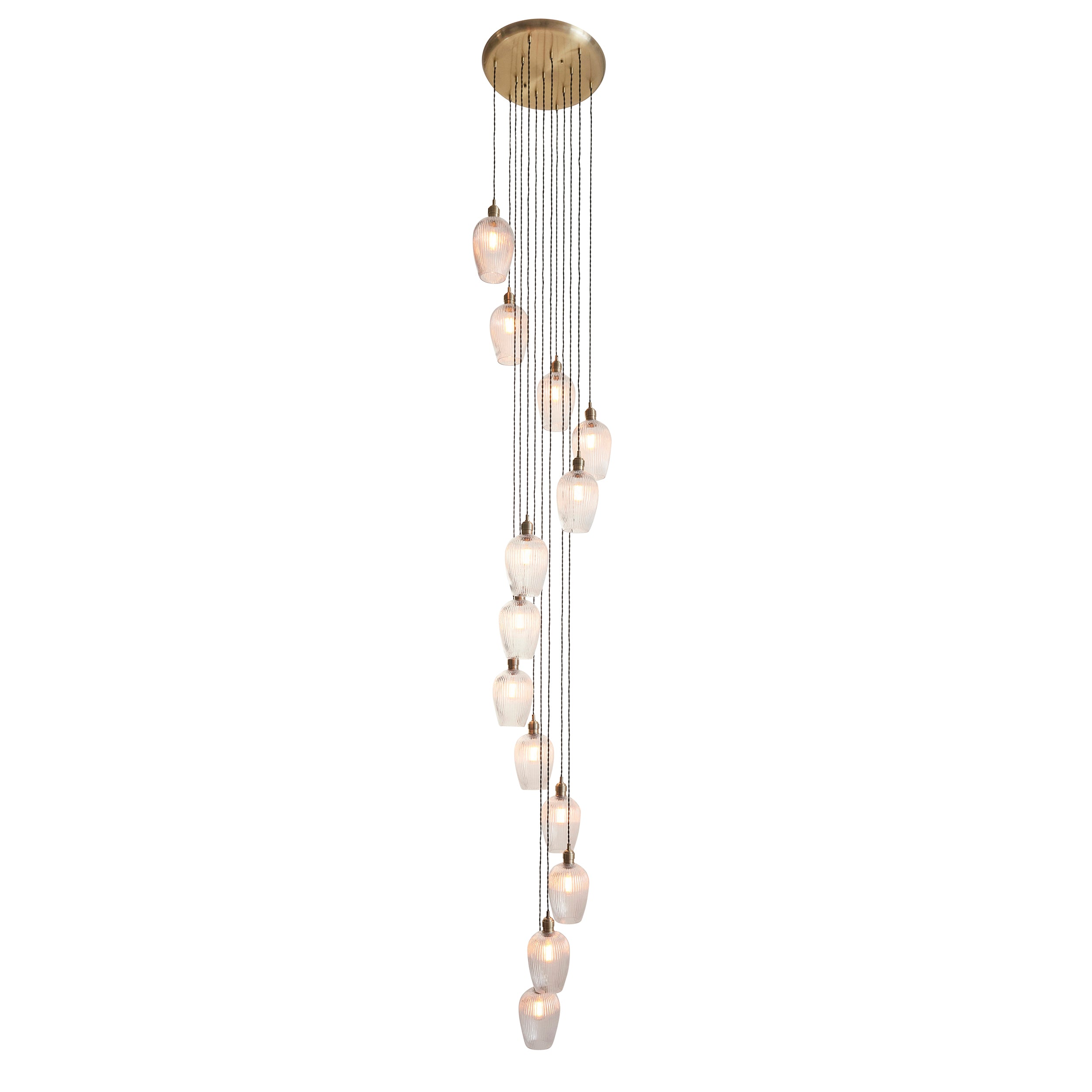 Utopia Finesse 13 Light Cascade Ceiling Pendant - Antique Brass & Clear Ribbed Glass