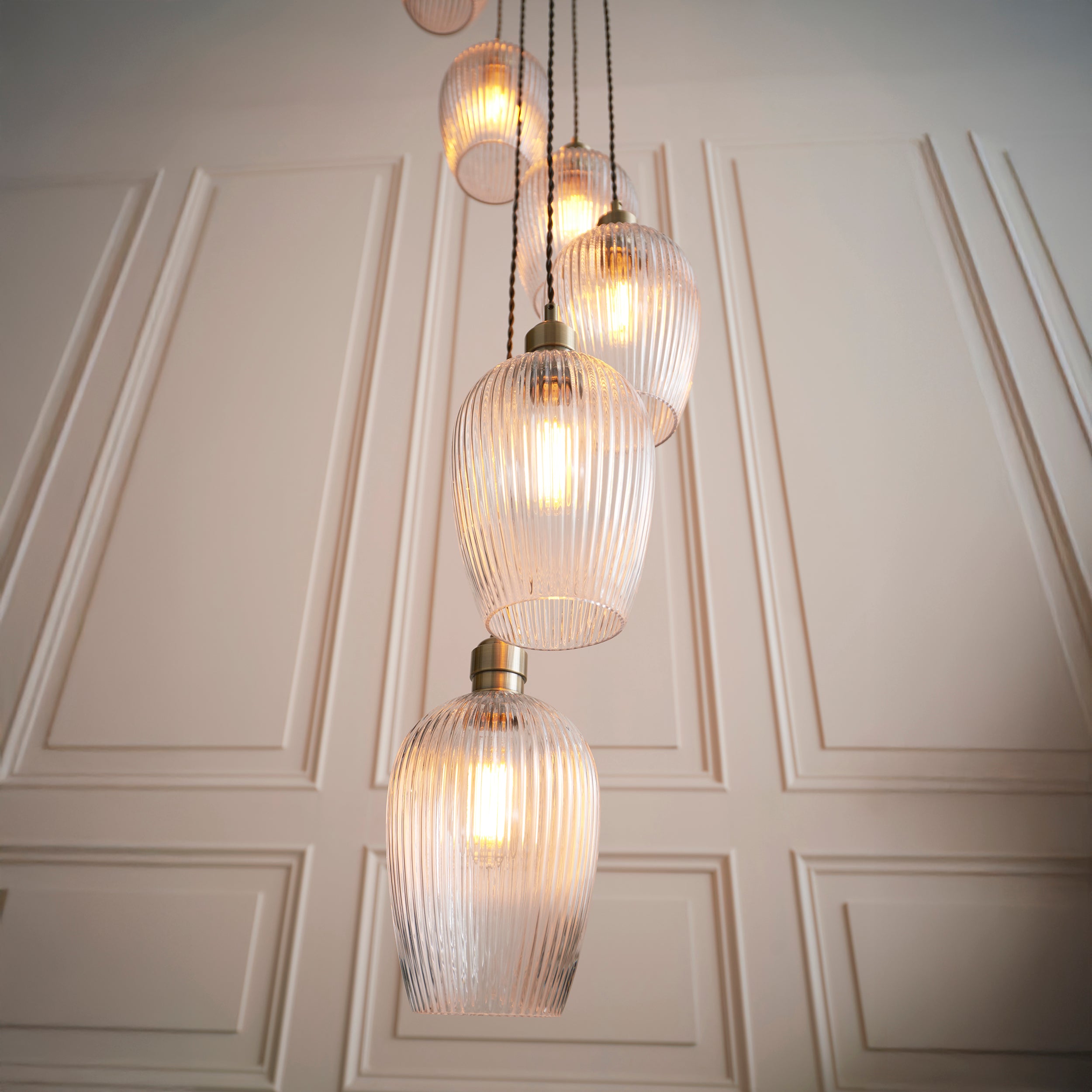 Utopia Finesse 13 Light Cascade Ceiling Pendant - Antique Brass & Clear Ribbed Glass
