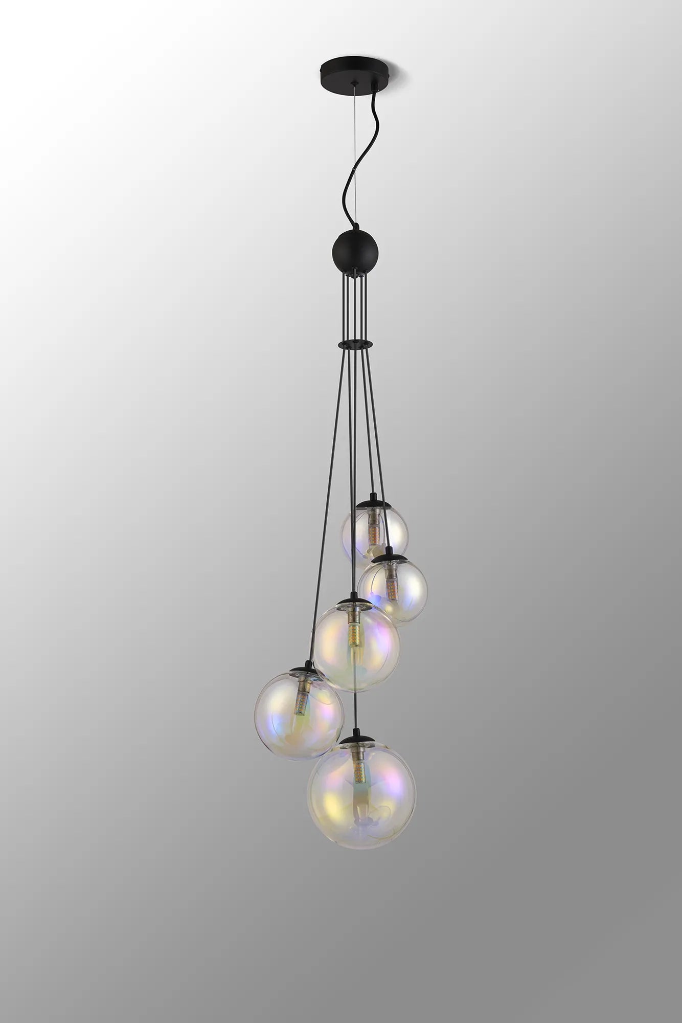 Deacon Pendant 5 Light - Satin Black Iridescent Plated Glass