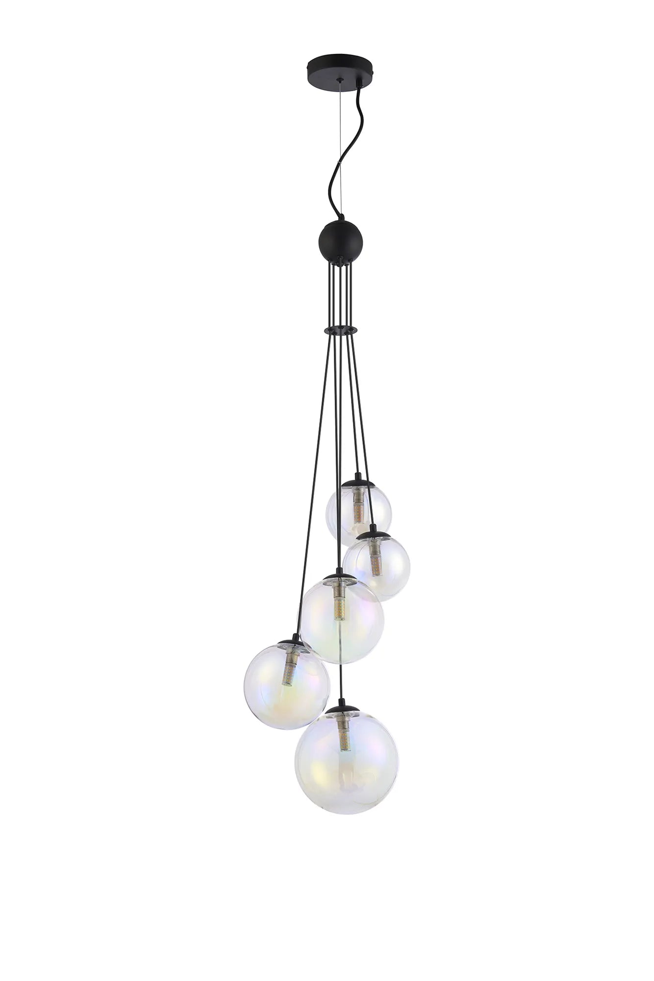 Deacon Pendant 5 Light - Satin Black Iridescent Plated Glass