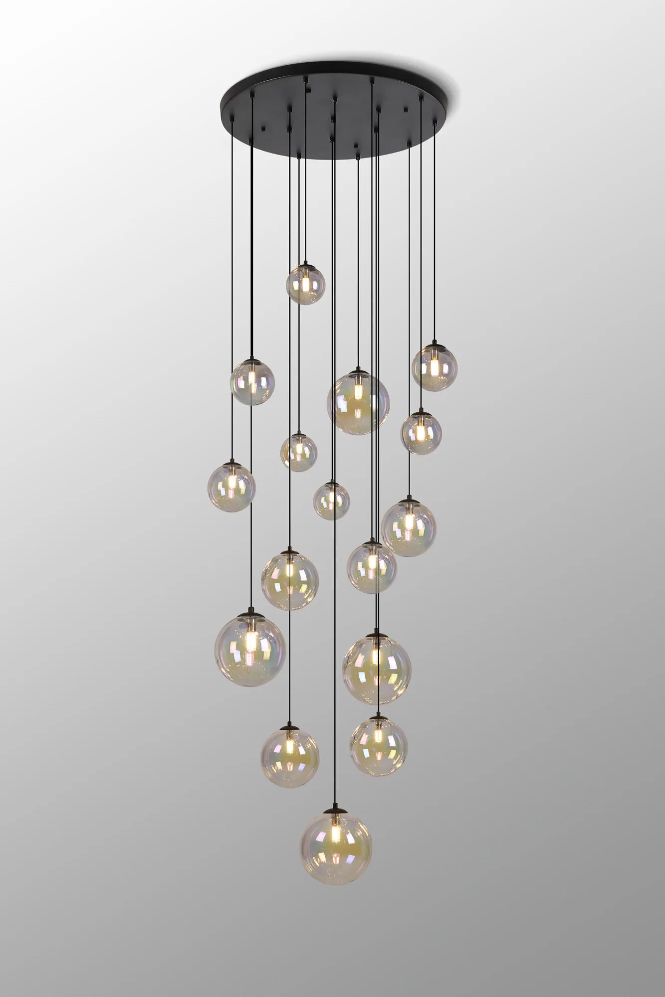 Deacon Pendant 16 Light - Satin Black Iridescent Plated Glass