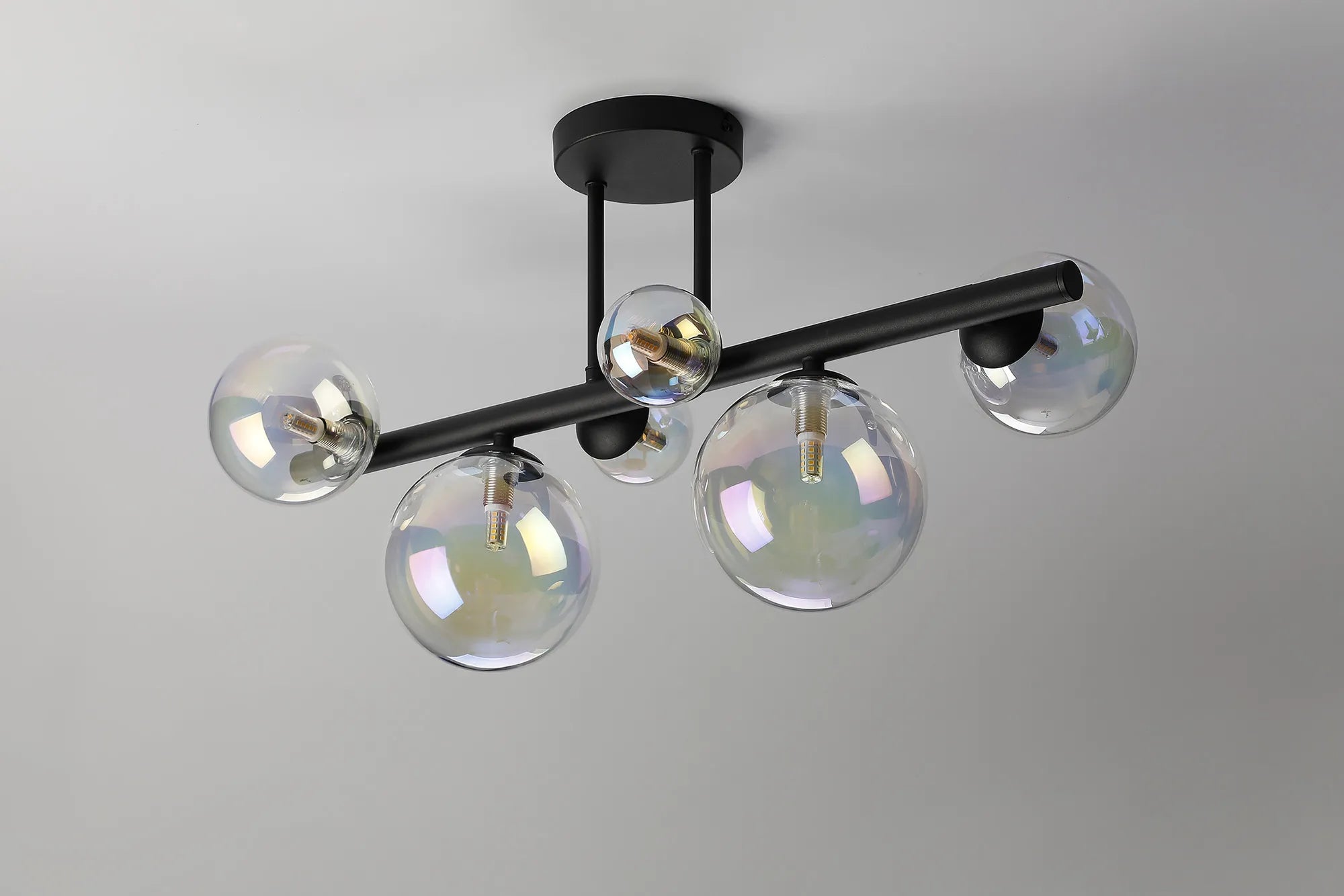 Deacon Semi Flush Ceiling Light - 6 Light - Satin Black Iridescent Plated Glass