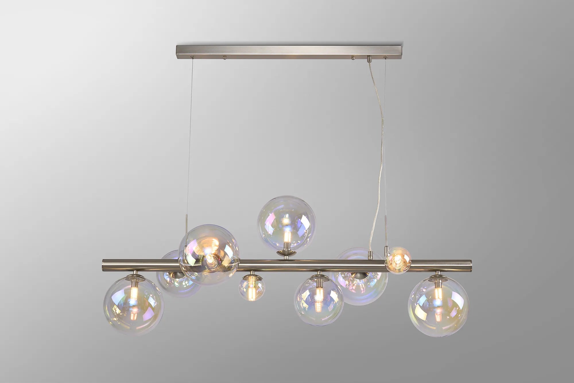Deacon Linear Pendant 9 Light - Satin Nickel Iridescent Plated Glass