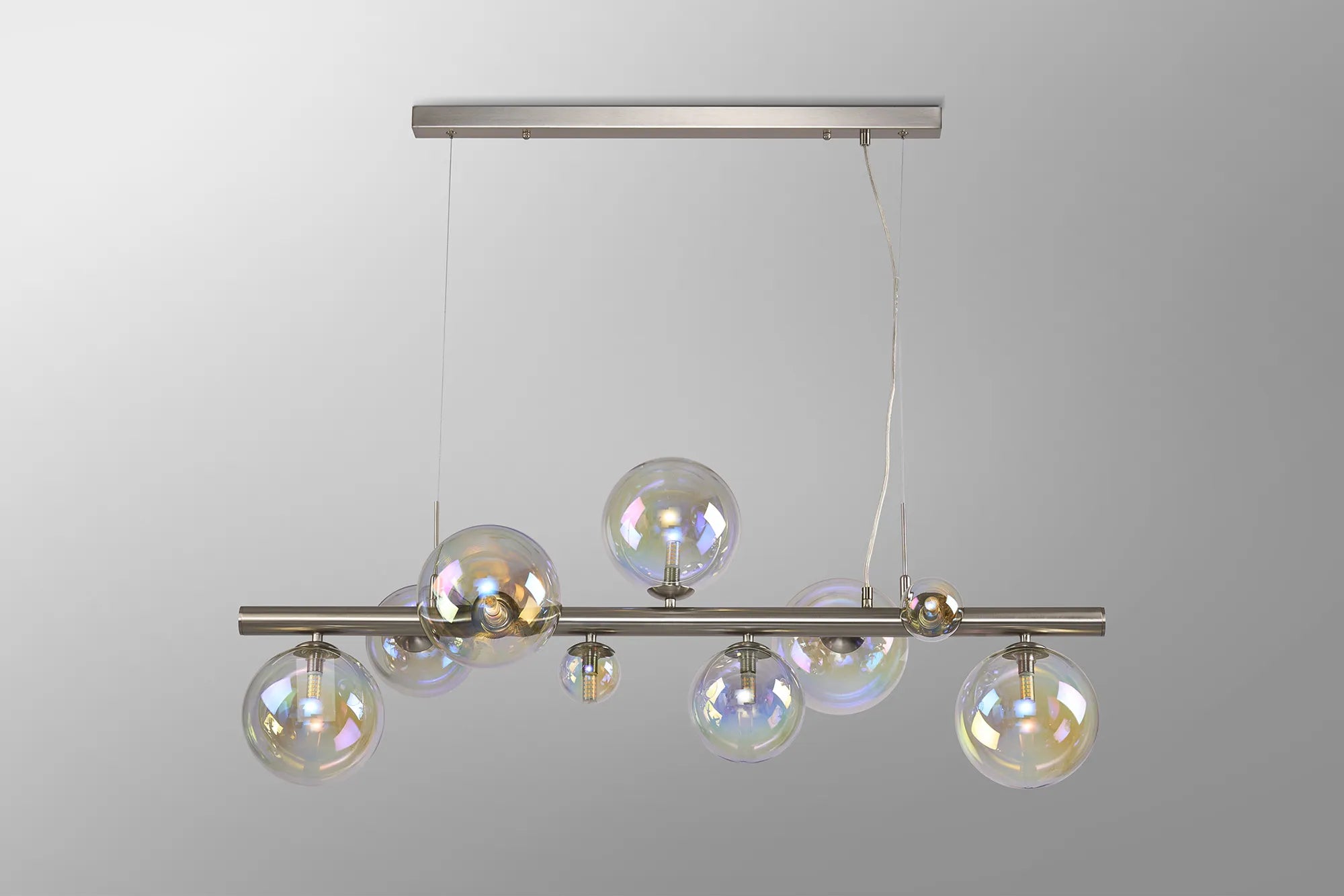 Deacon Linear Pendant 9 Light - Satin Nickel Iridescent Plated Glass