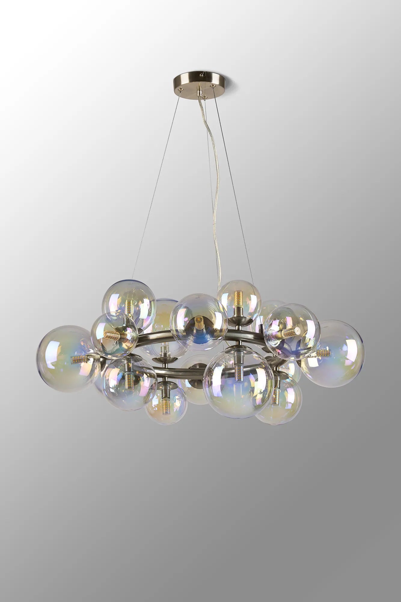 Deacon Circular Pendant 16 Light - Satin Nickel Iridescent Plated Glass