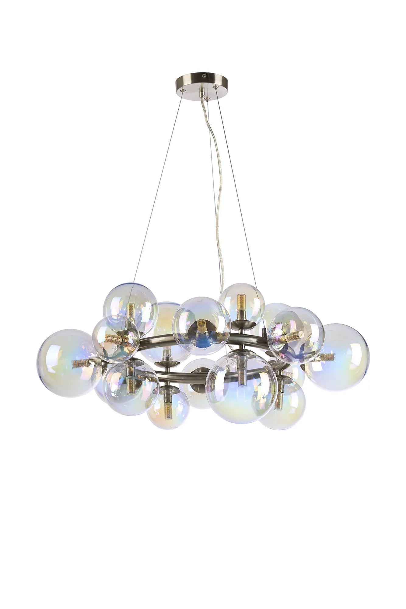 Deacon Circular Pendant 16 Light - Satin Nickel Iridescent Plated Glass