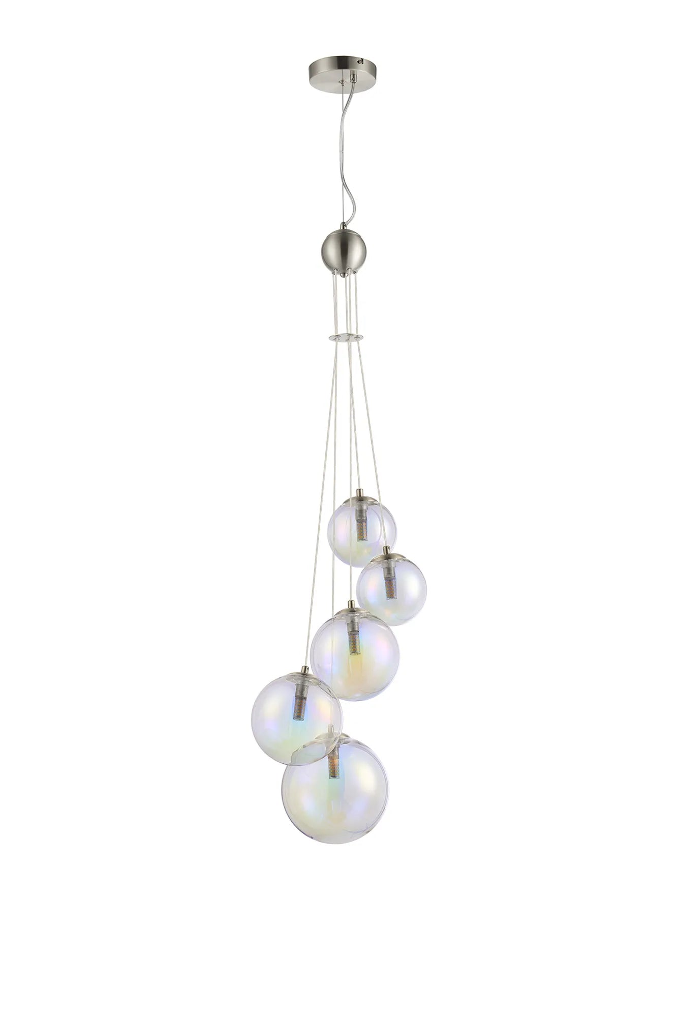 Deacon Pendant 5 Light - Satin Nickel Iridescent Plated Glass