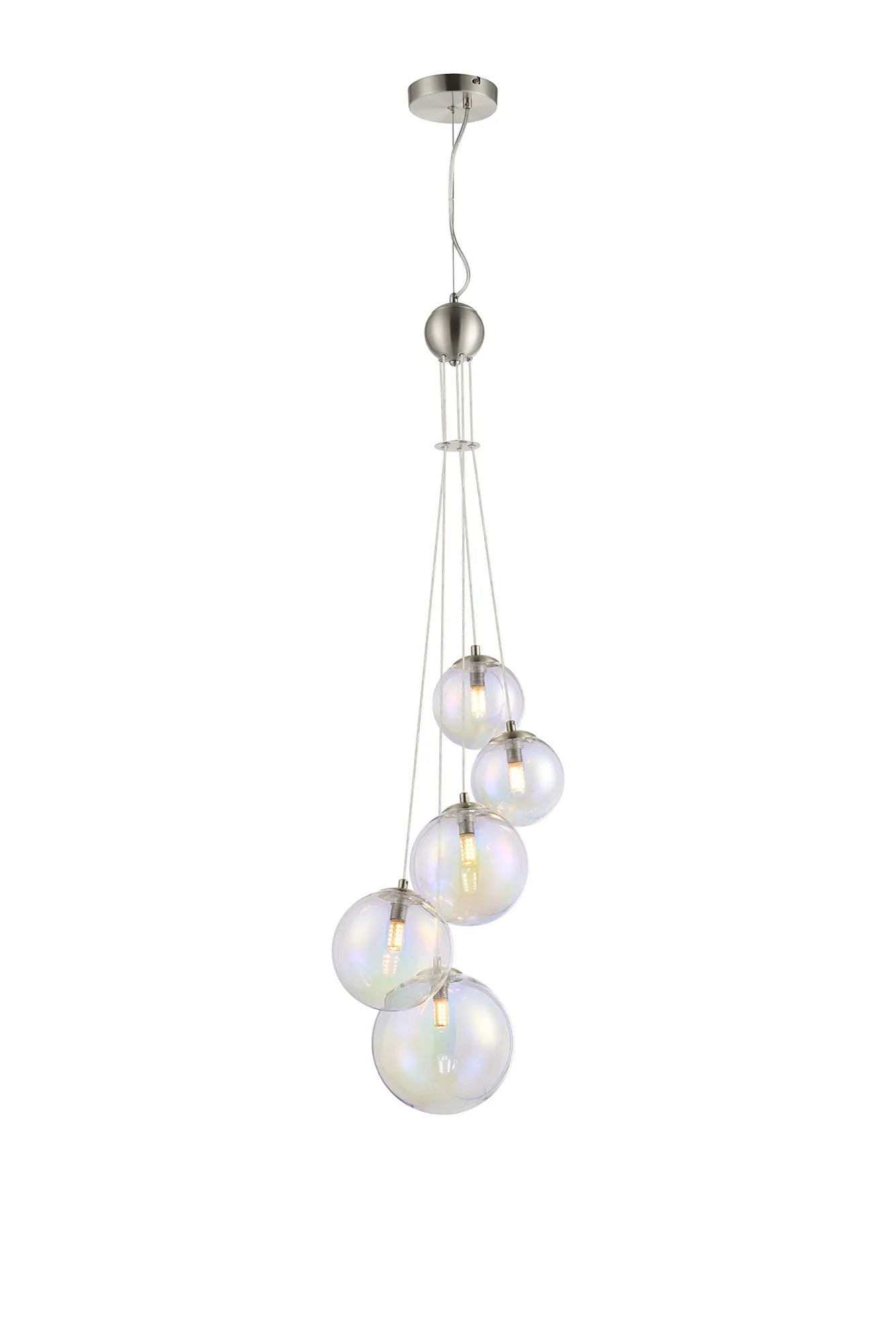 Deacon Pendant 5 Light - Satin Nickel Iridescent Plated Glass