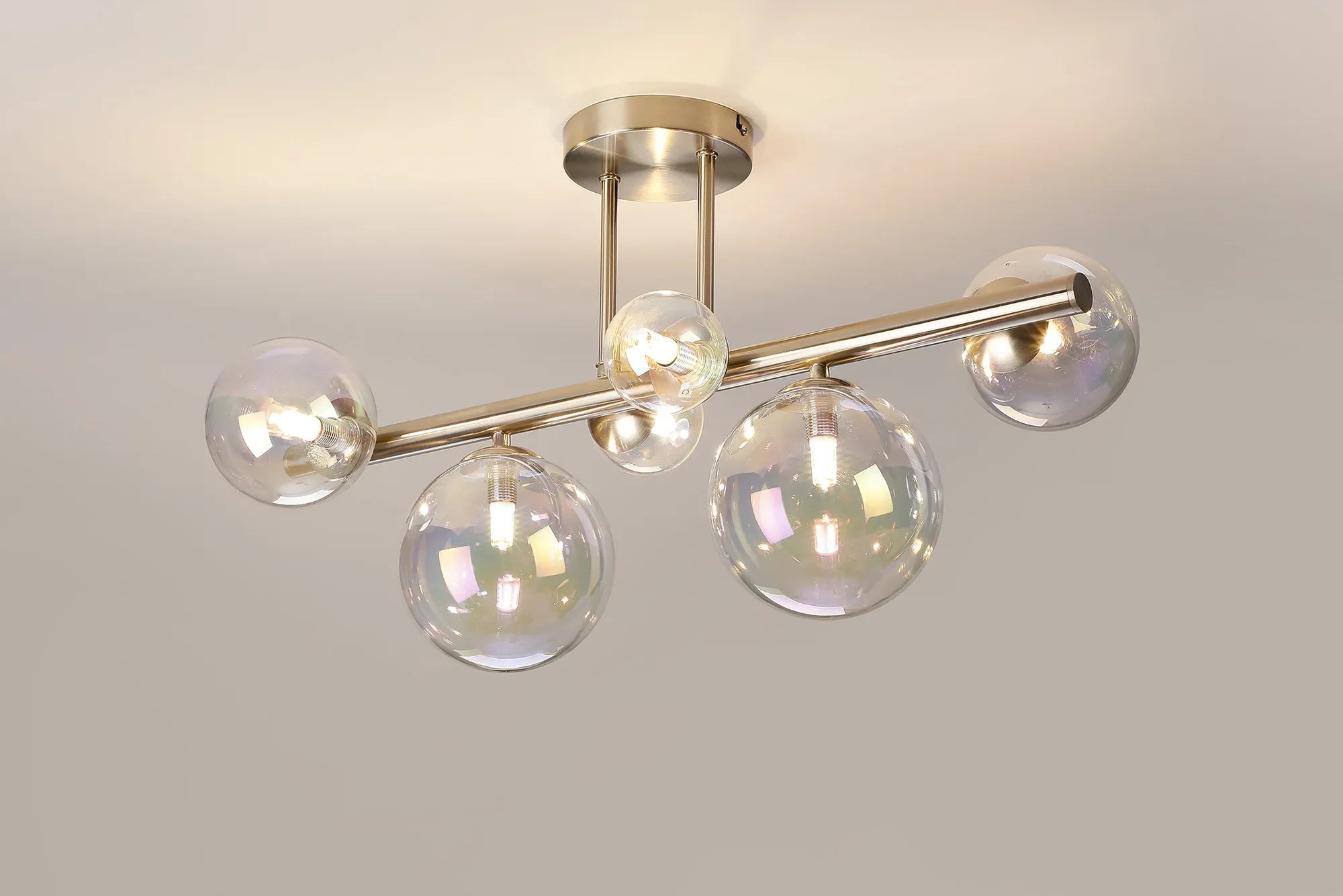 Deacon Semi Flush Ceiling Light - 6 Light - Satin Nickel Iridescent Plated Glass