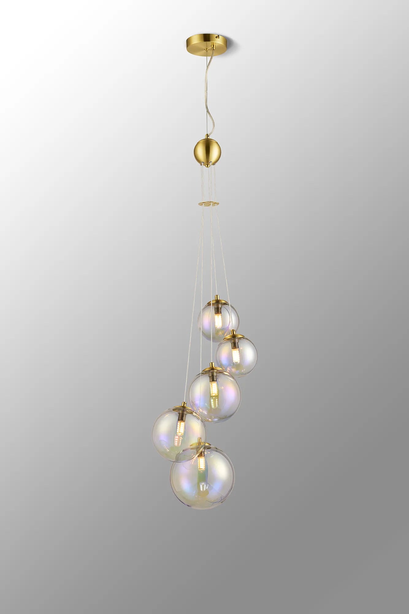 Deacon Pendant 5 Light - Satin Gold Iridescent Plated Glass