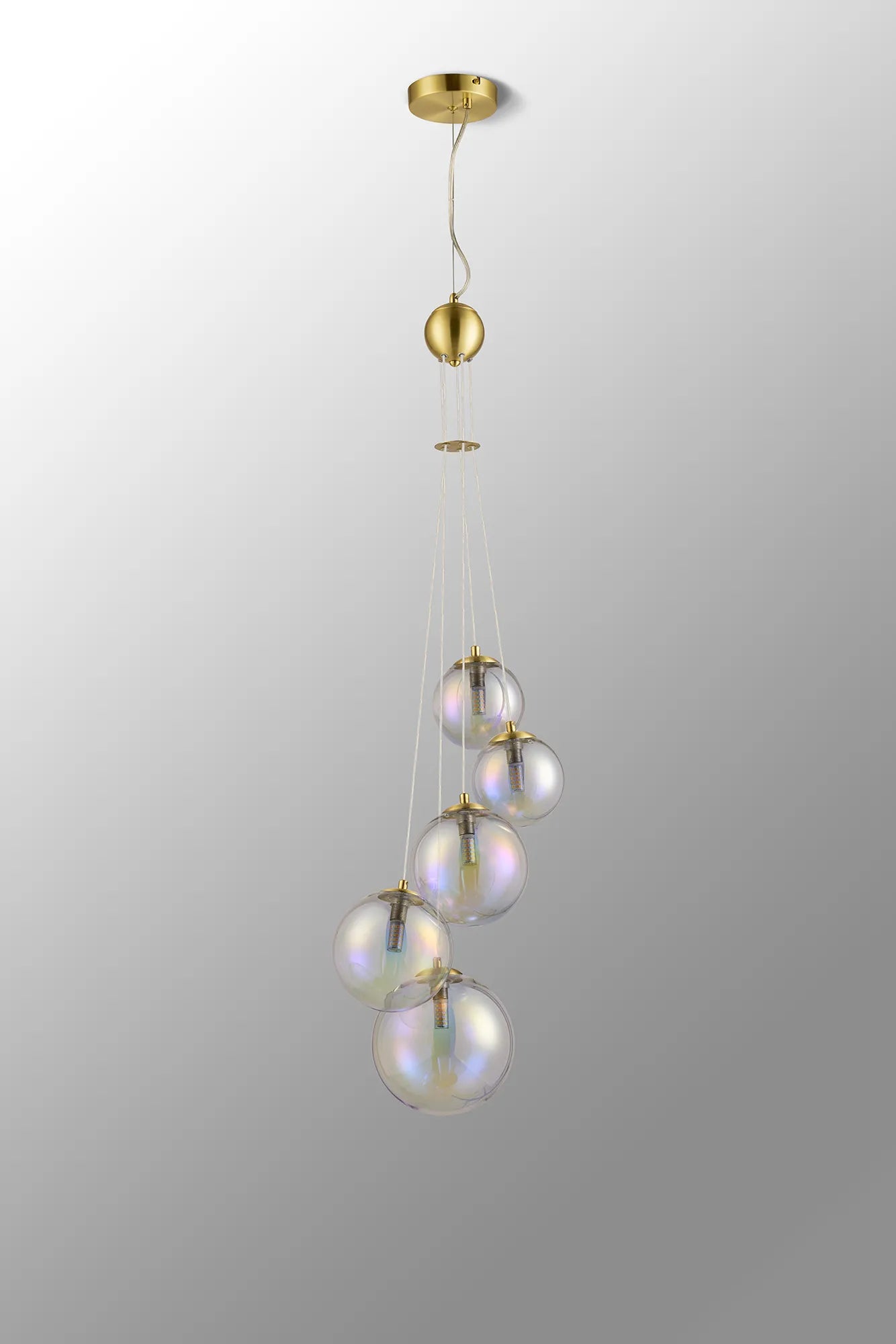 Deacon Pendant 5 Light - Satin Gold Iridescent Plated Glass