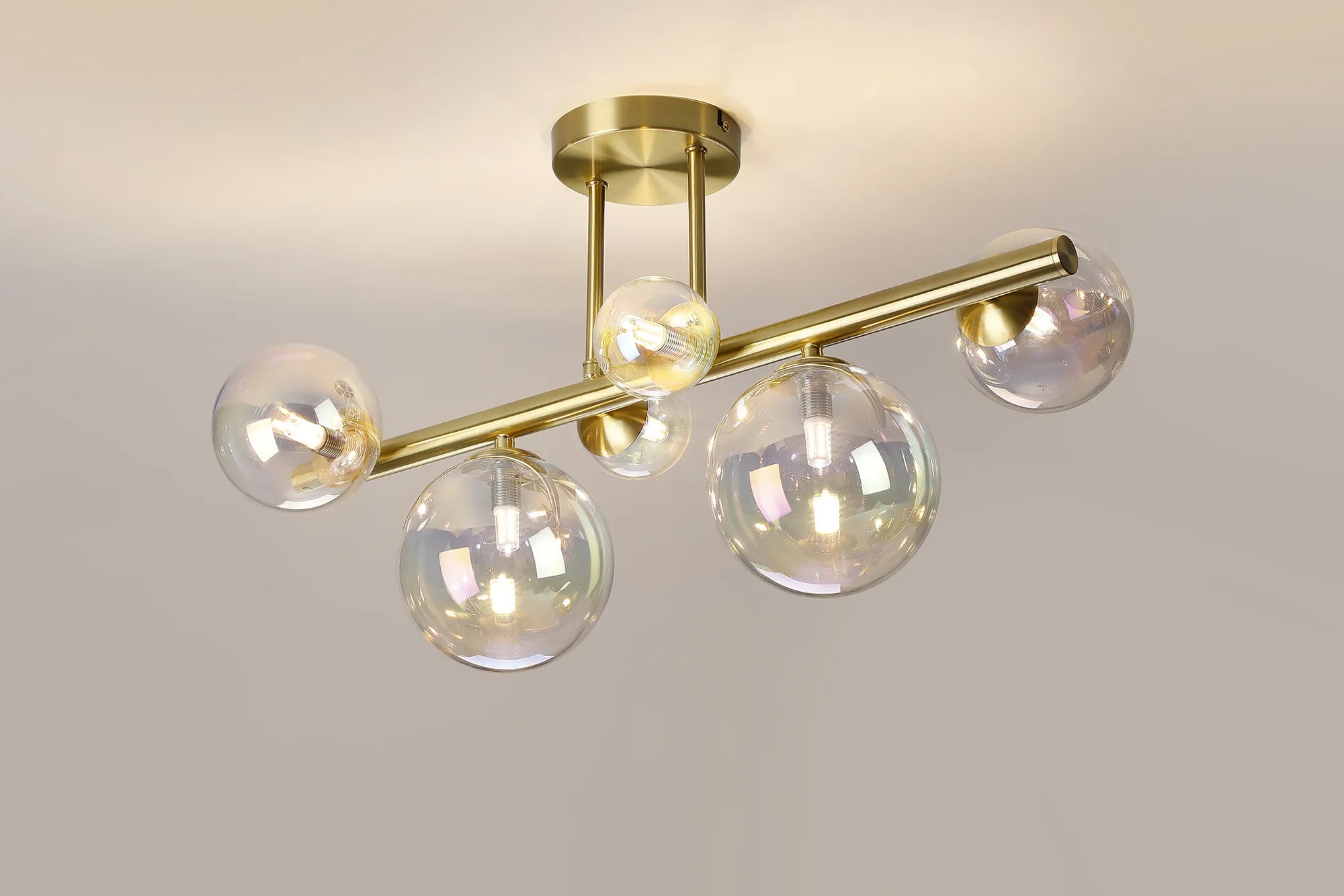 Deacon Semi Flush Ceiling Light - 6 Light - Satin Gold Iridescent Plated Glass