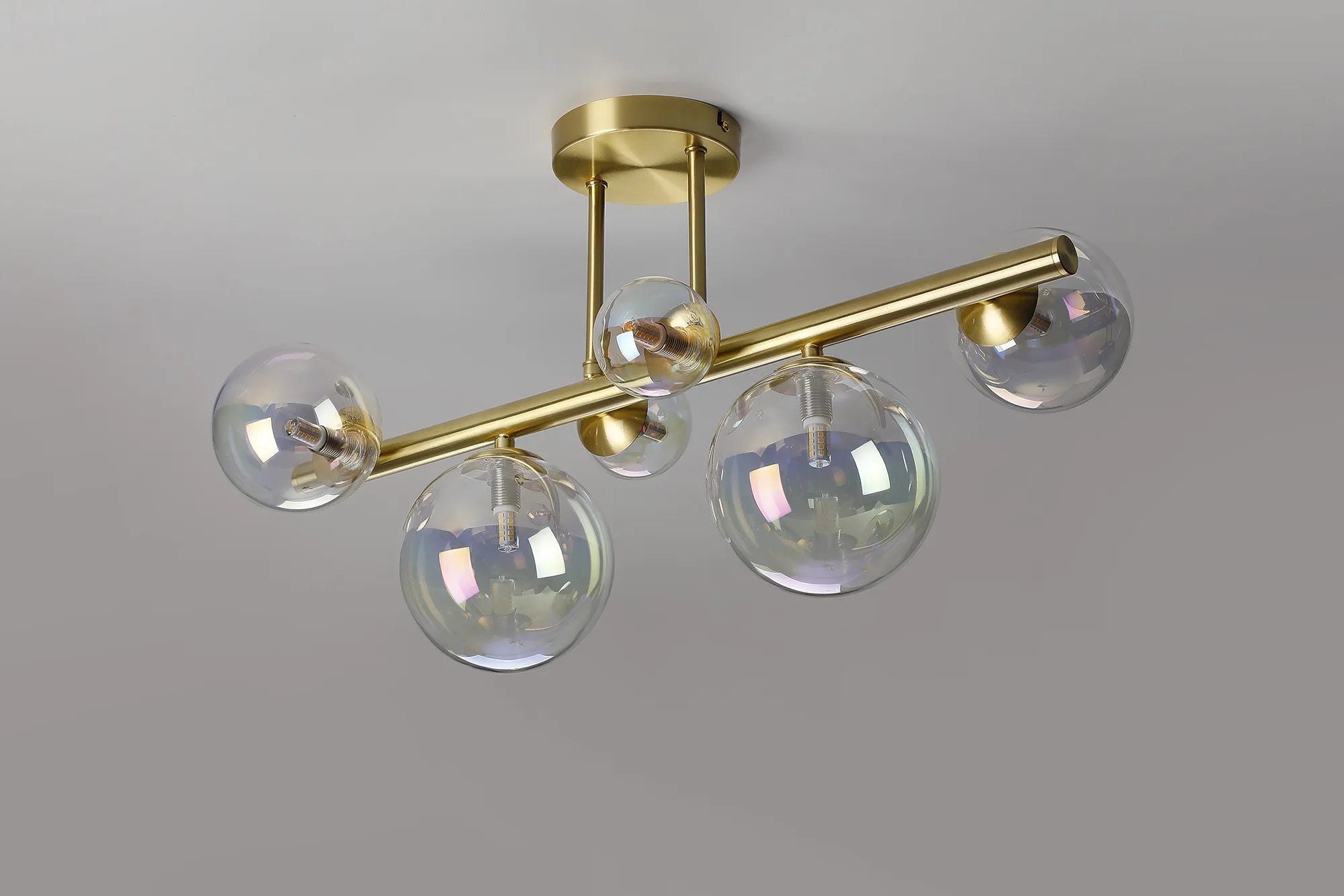 Deacon Semi Flush Ceiling Light - 6 Light - Satin Gold Iridescent Plated Glass