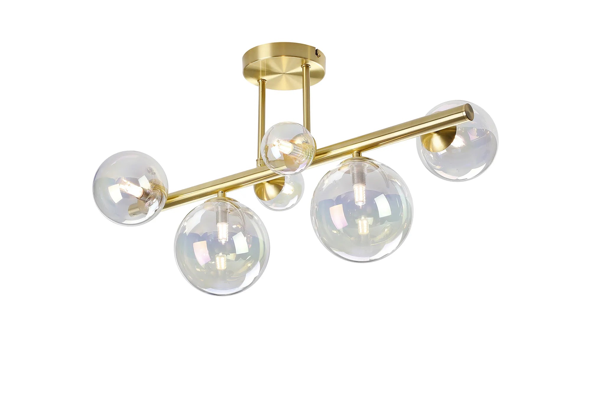Deacon Semi Flush Ceiling Light - 6 Light - Satin Gold Iridescent Plated Glass