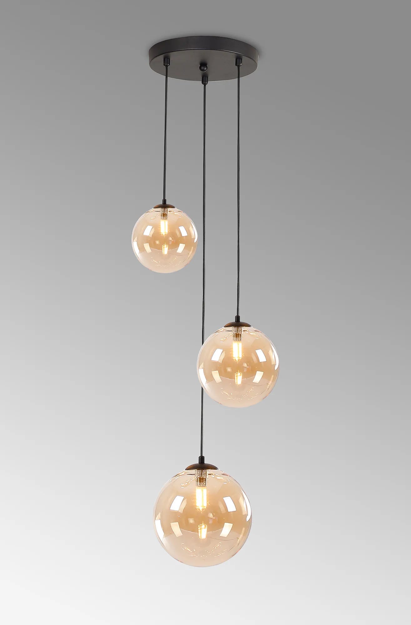 Deacon Round Pendant 3 Light - Satin Black & Amber