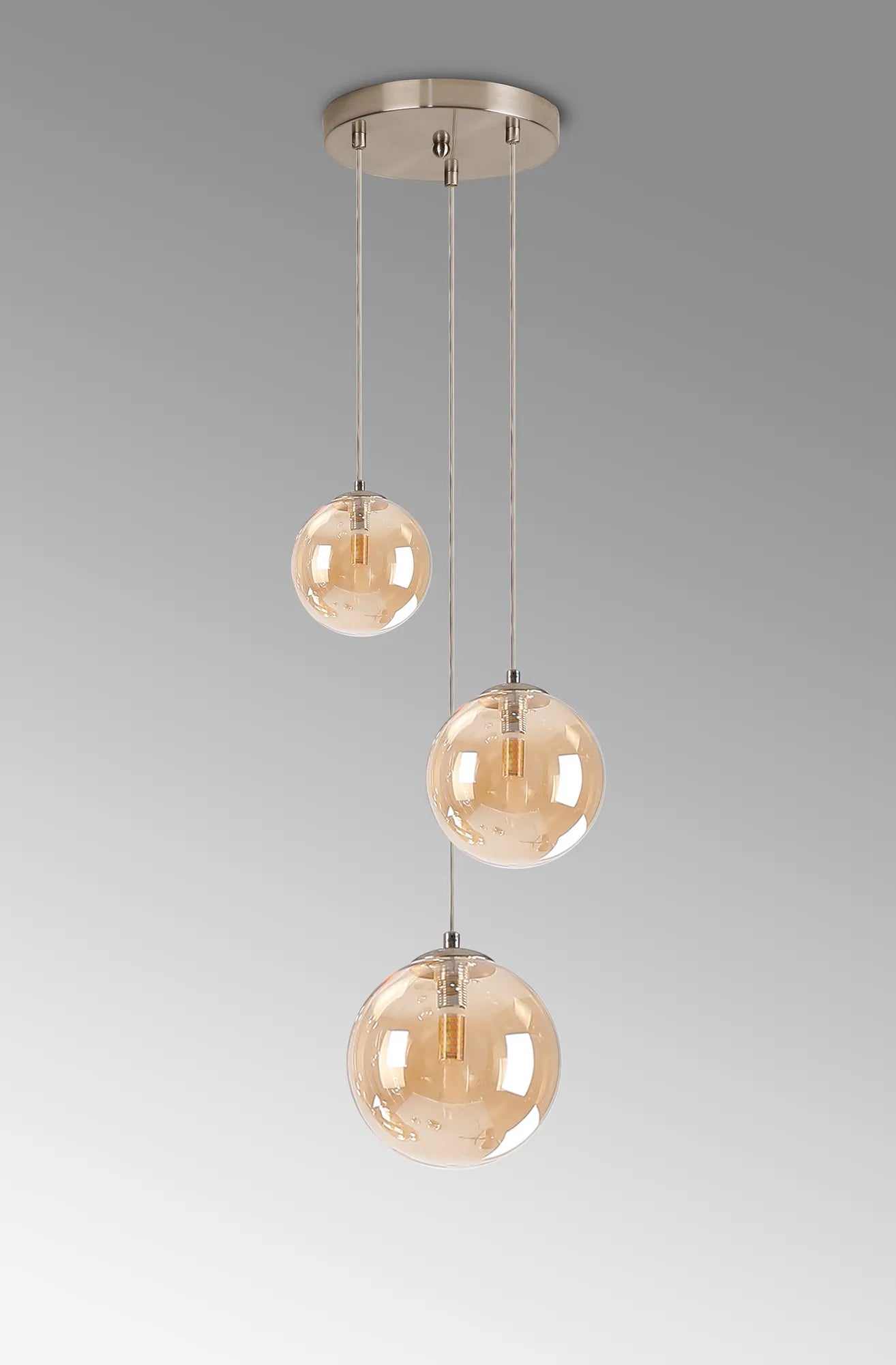 Deacon Round Pendant 3 Light - Satin Nickel & Amber