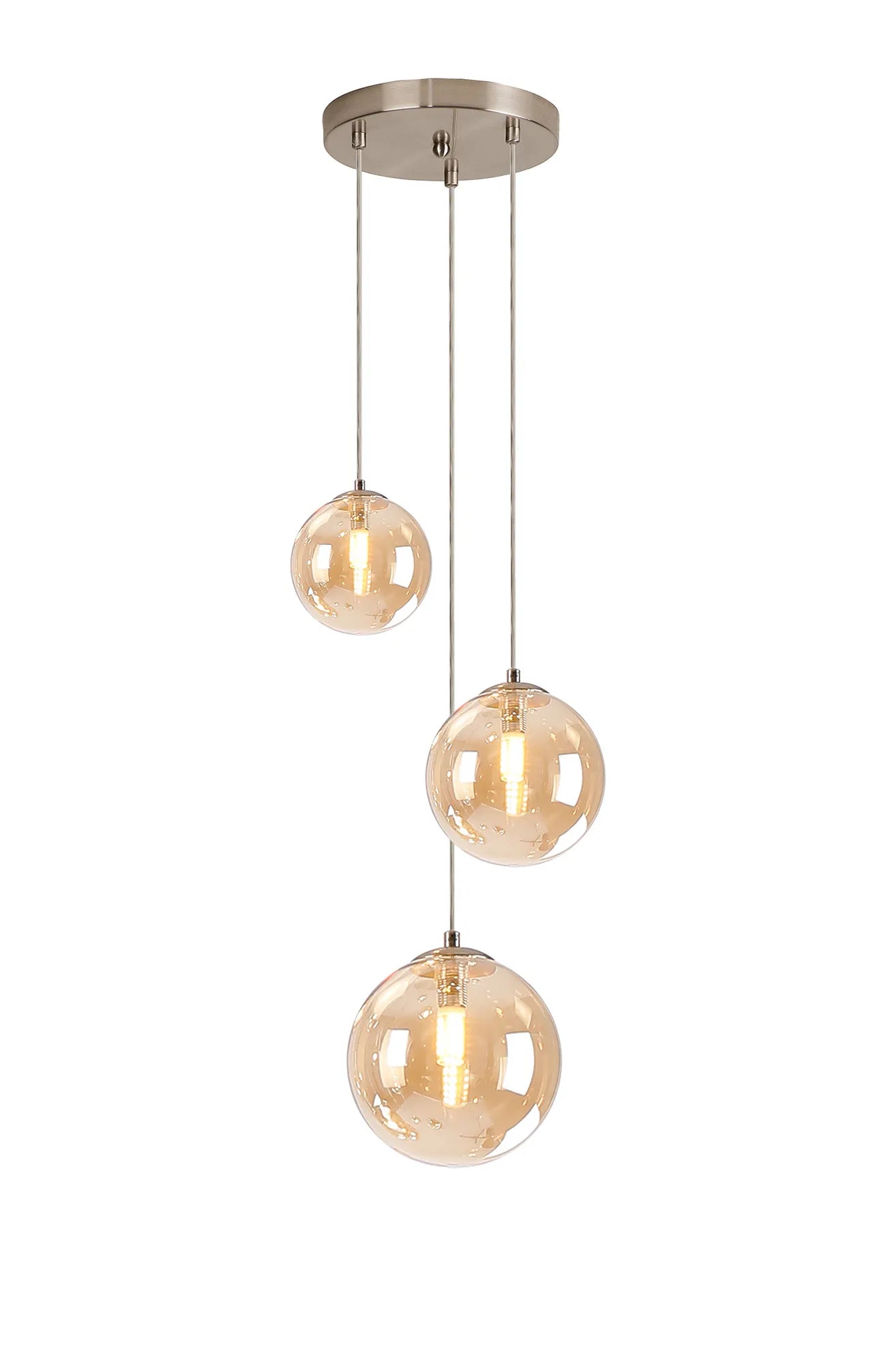 Deacon Round Pendant 3 Light - Satin Nickel & Amber