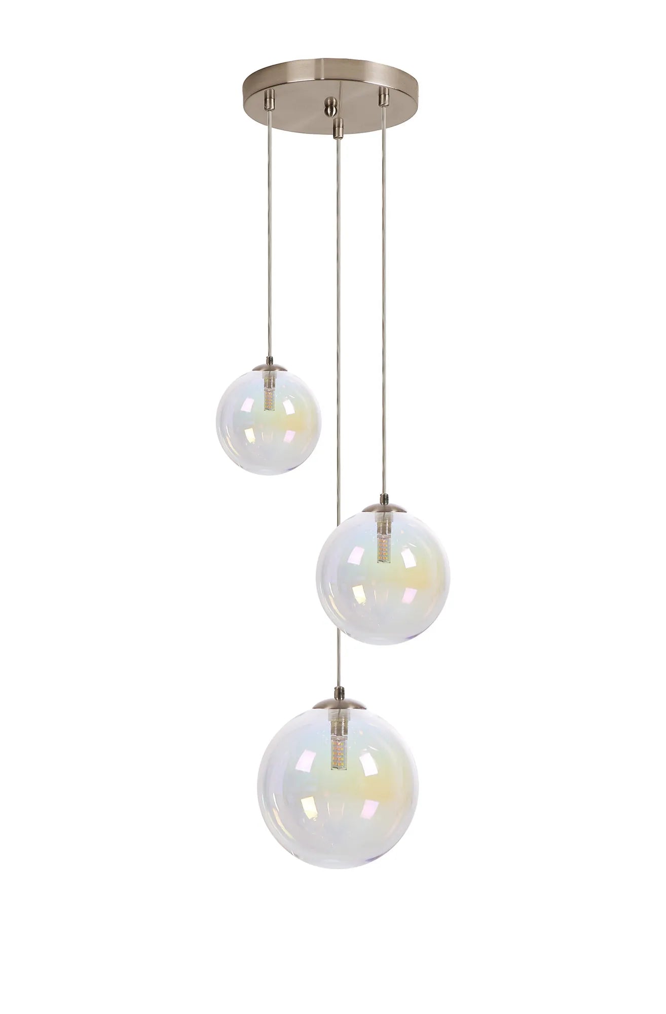 Deacon Round Pendant 3 Light - Satin Nickel & Iridescent