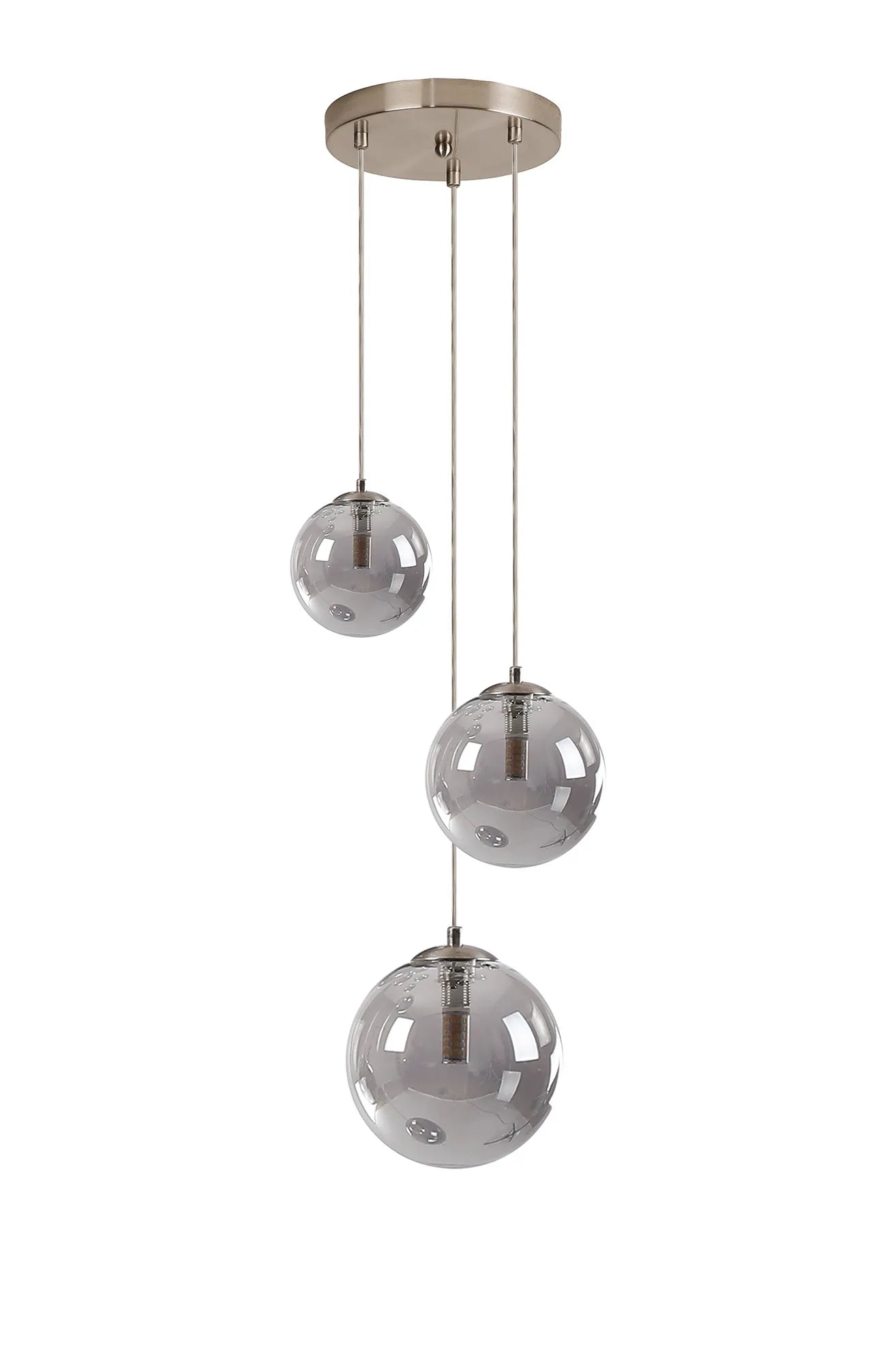Deacon Round Pendant 3 Light - Satin Nickel & Smoke