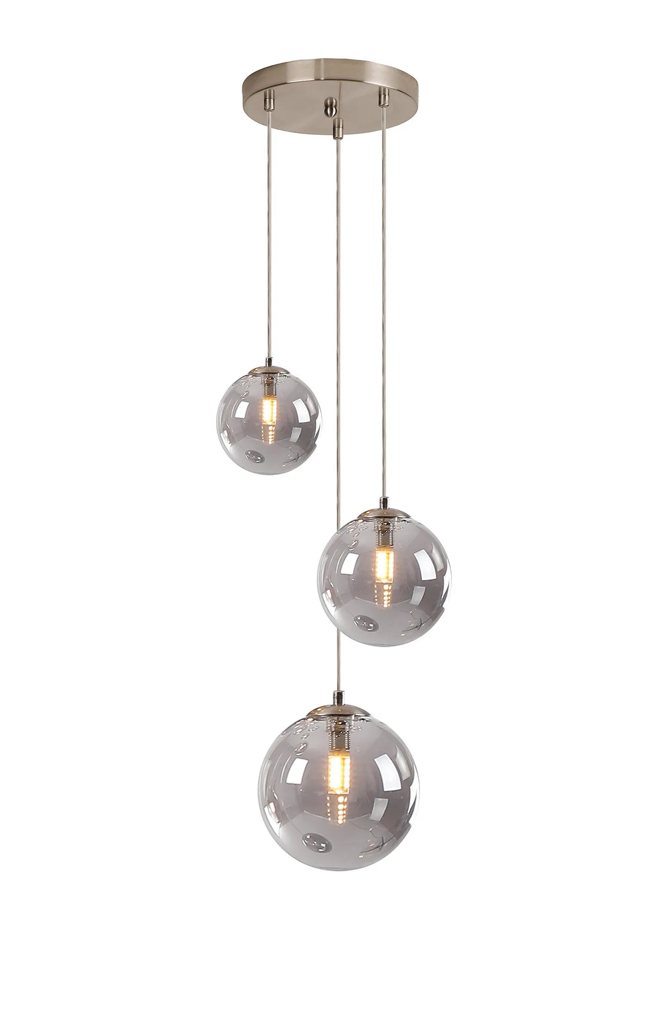Deacon Round Pendant 3 Light - Satin Nickel & Smoke