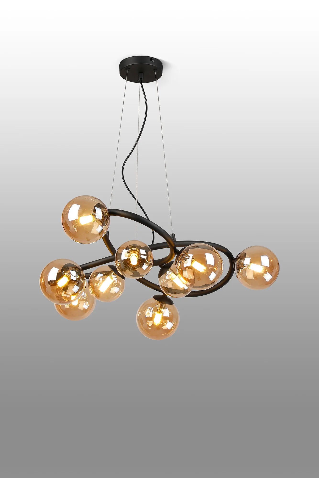 Deacon Twisted Pendant 9 Light - Satin Black Amber Plated Glass