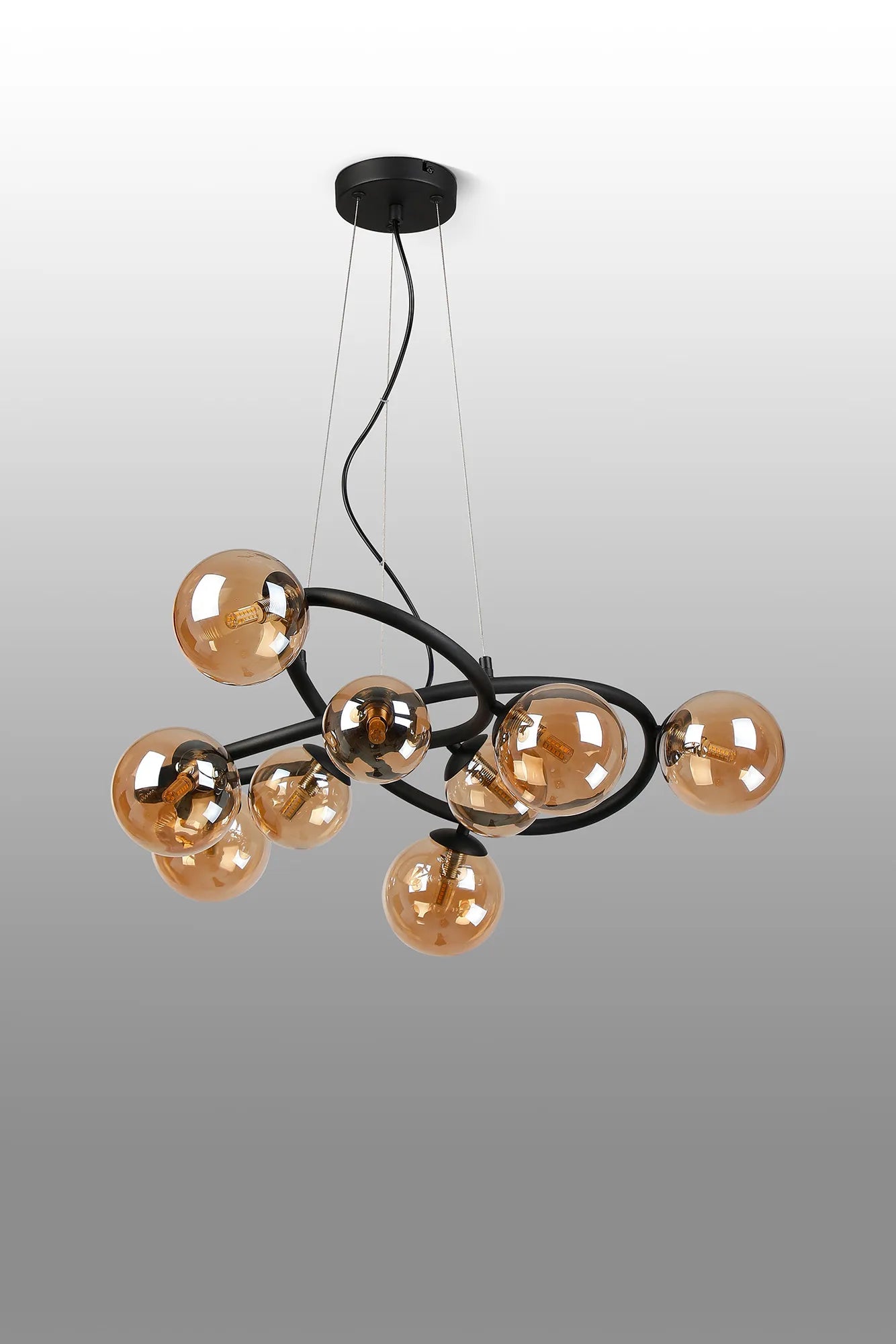 Deacon Twisted Pendant 9 Light - Satin Black Amber Plated Glass