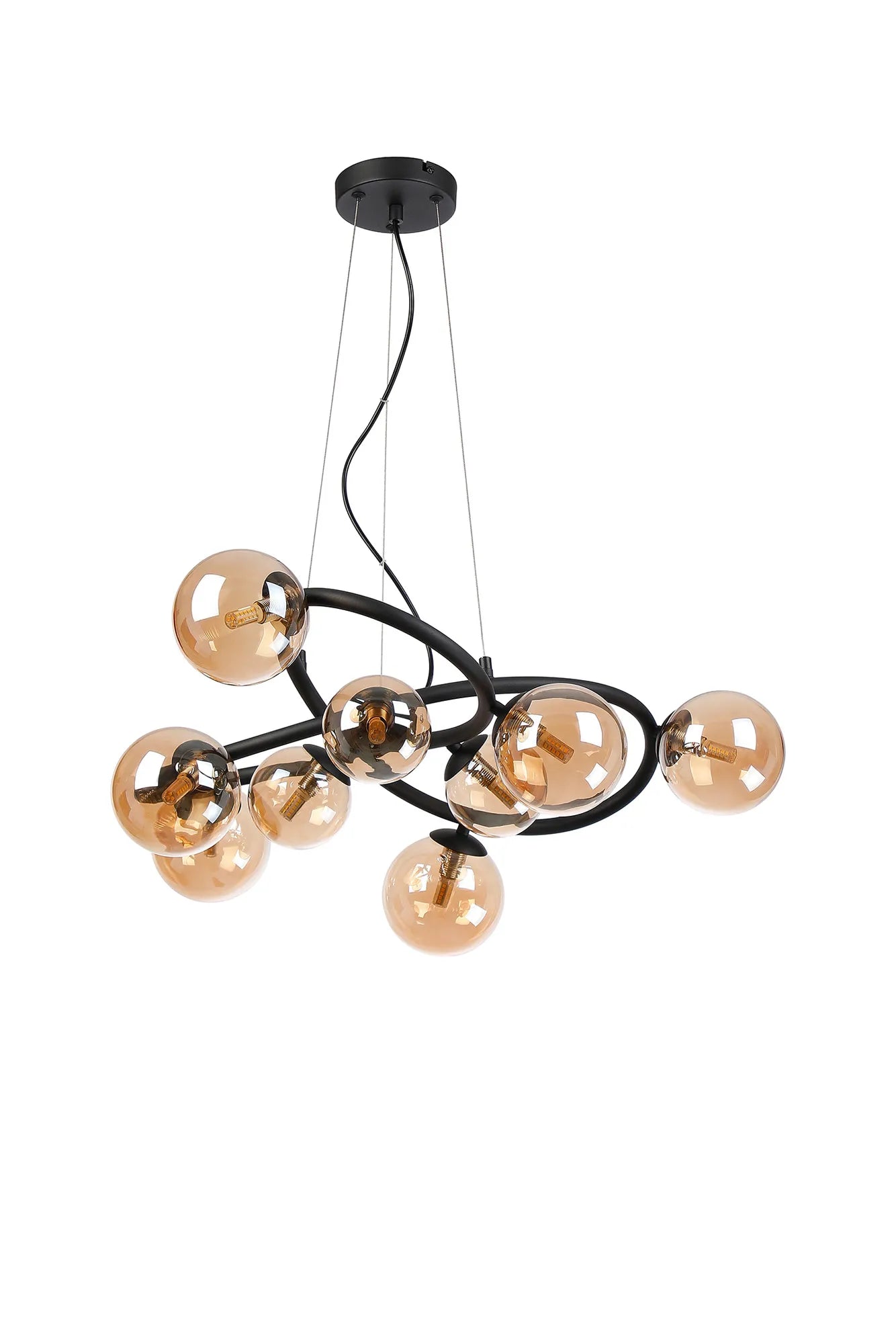 Deacon Twisted Pendant 9 Light - Satin Black Amber Plated Glass