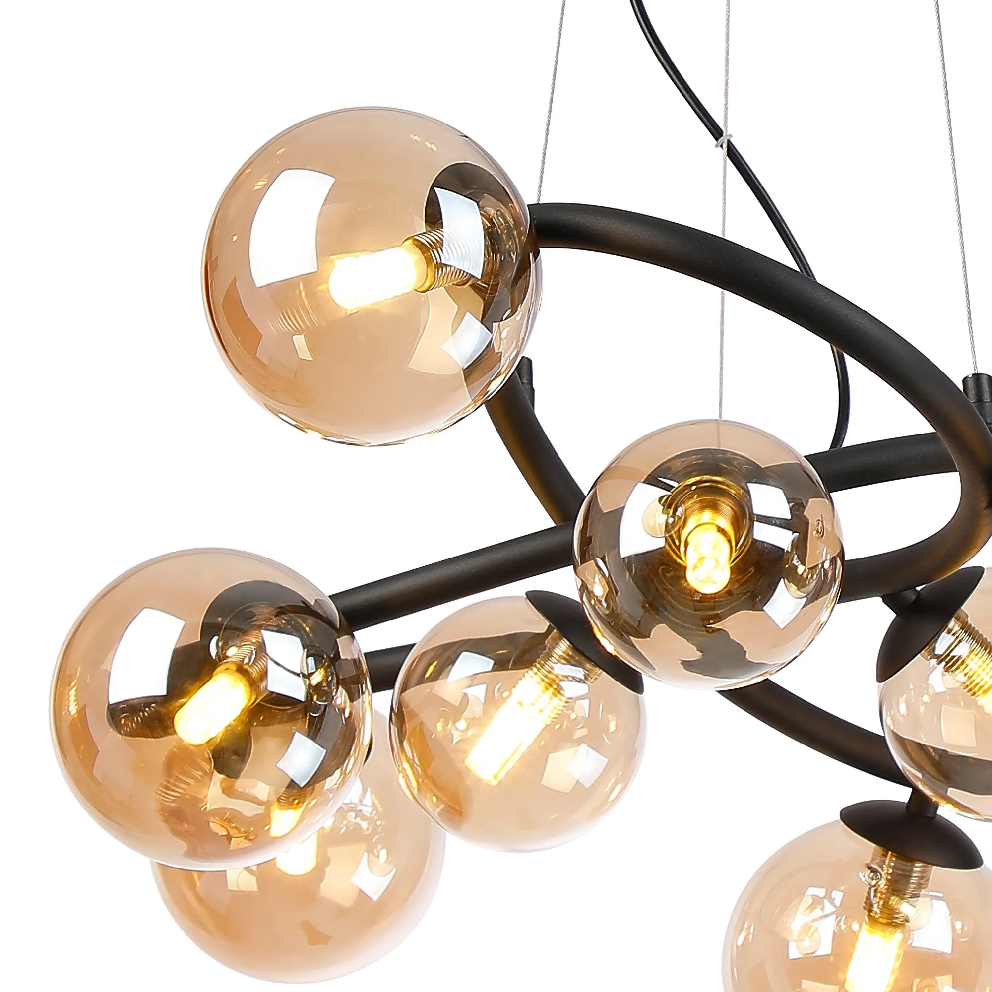 Deacon Twisted Pendant 9 Light - Satin Black Amber Plated Glass