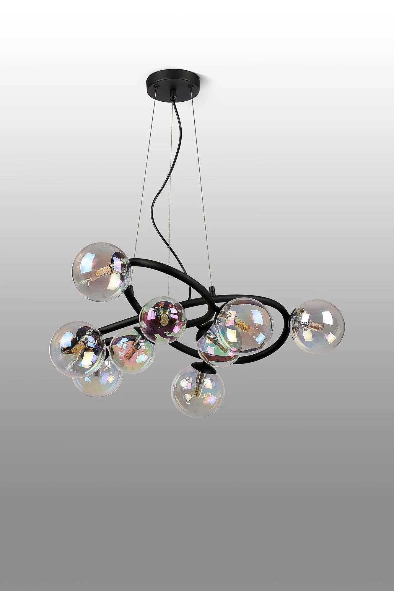 Deacon Twisted Pendant 9 Light - Satin Black Iridescent Plated Glass