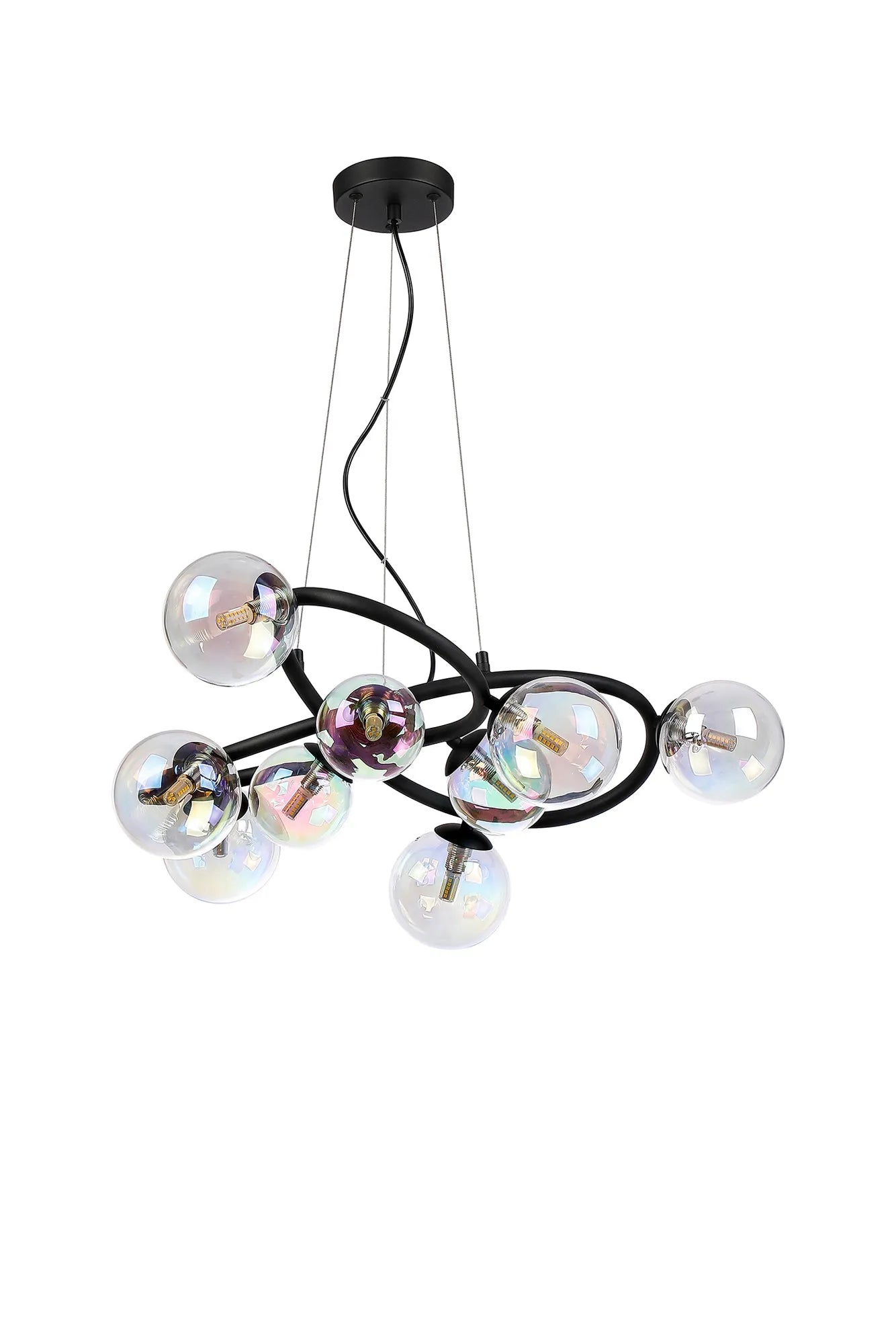 Deacon Twisted Pendant 9 Light - Satin Black Iridescent Plated Glass