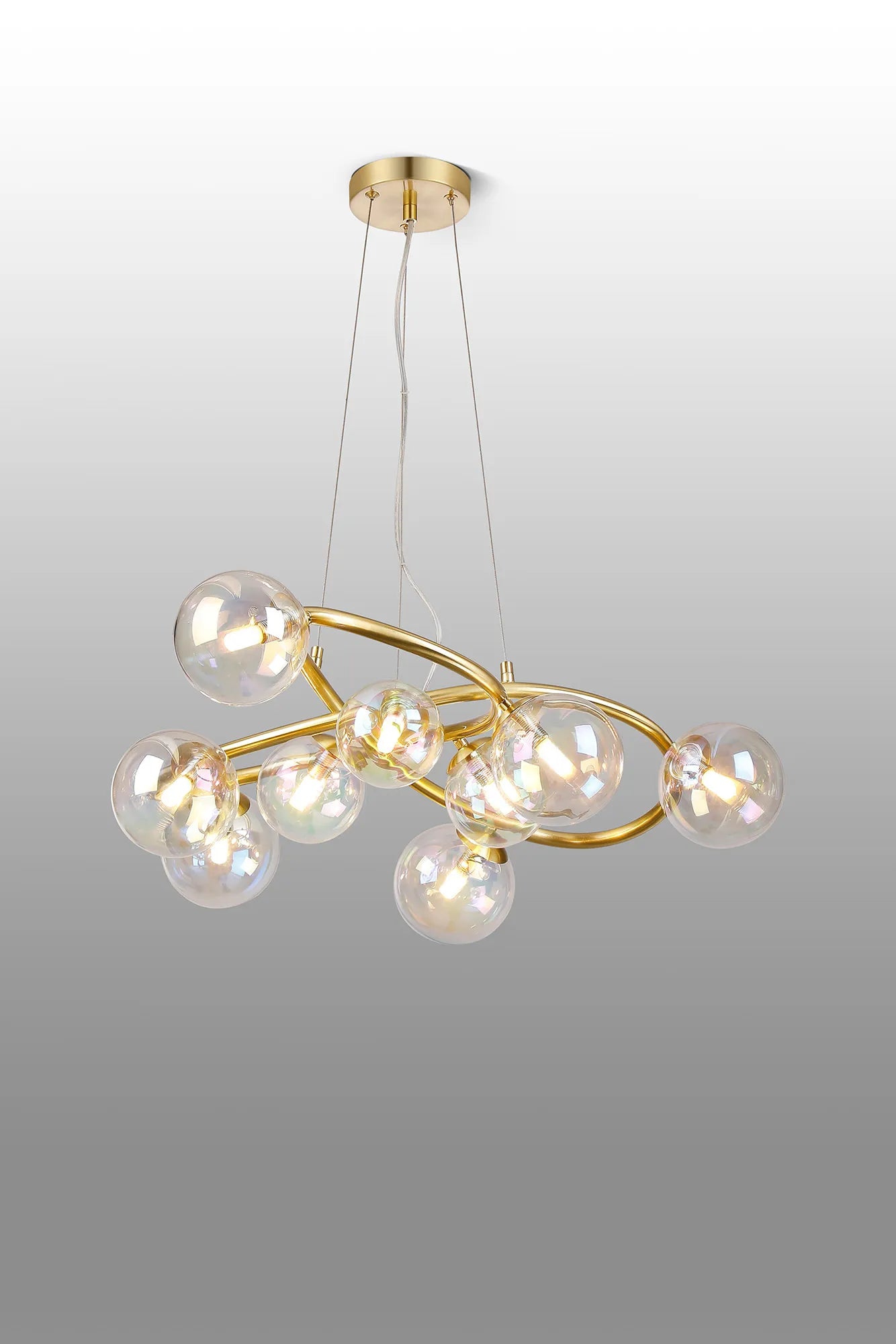 Deacon Twisted Pendant 9 Light - Satin Gold Iridescent Plated Glass