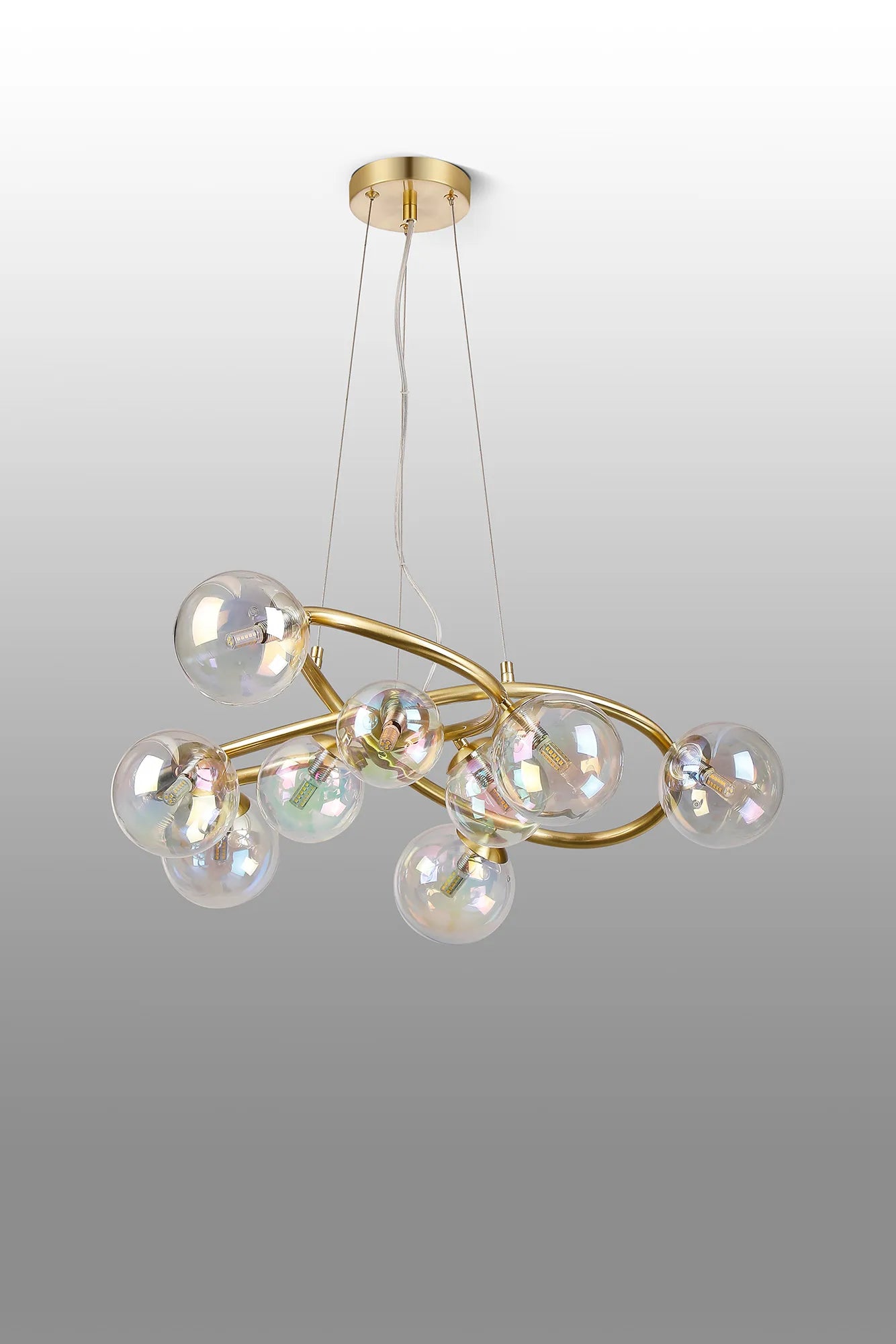 Deacon Twisted Pendant 9 Light - Satin Gold Iridescent Plated Glass
